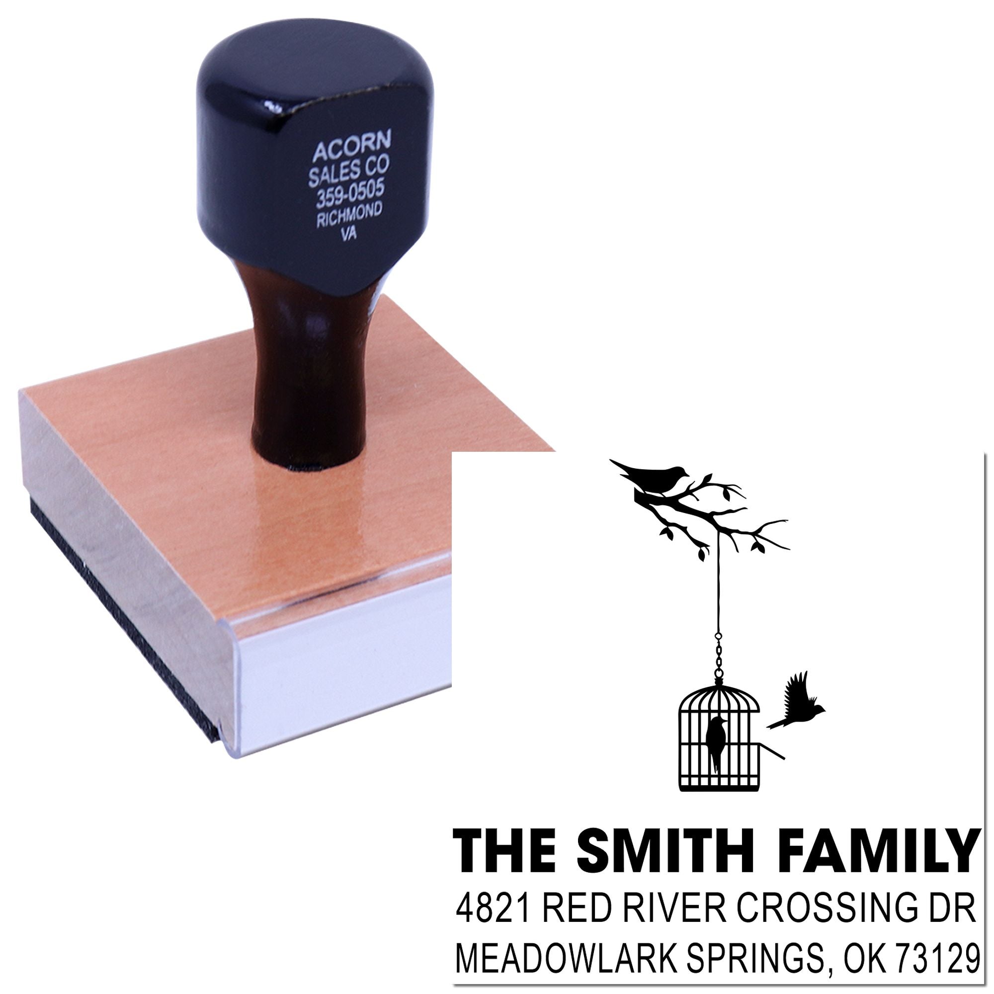 Custom rubber address stamp with family name, birdcage design and return address, ideal for personalized mailing, cards and wedding invitations.