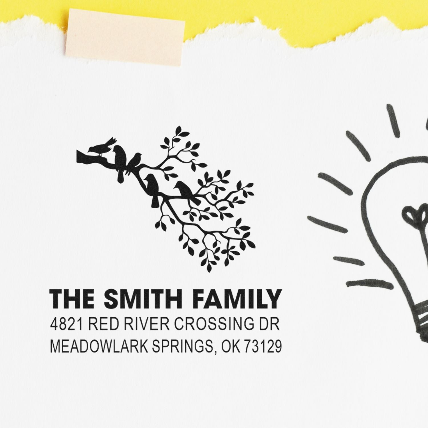 Custom personalized return address rubber stamp with bird branch design, The Smith Family, 4821 Red River Crossing Dr, Meadowlark Springs, OK 73129
