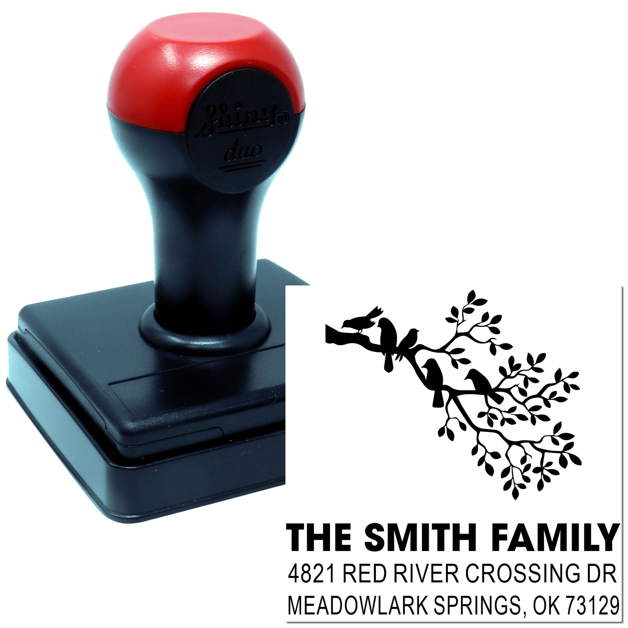 Custom self-inking rubber address stamp with bird branch design, Smith Family name, and Oklahoma return address for home mailing and letters.