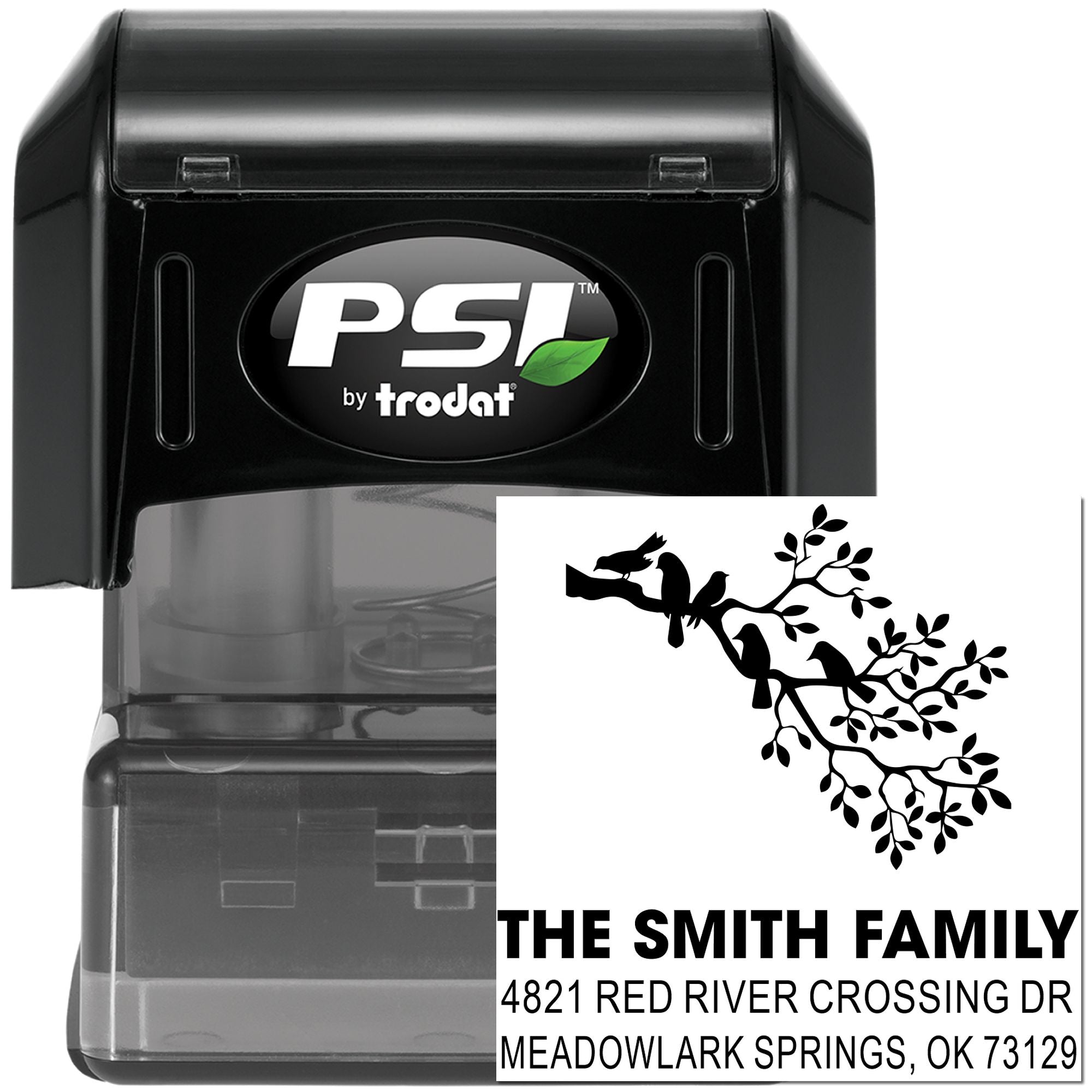 PSI by Trodat self-inking address stamp with custom Smith family return address, bird branch design, and personalized mailing details for home use