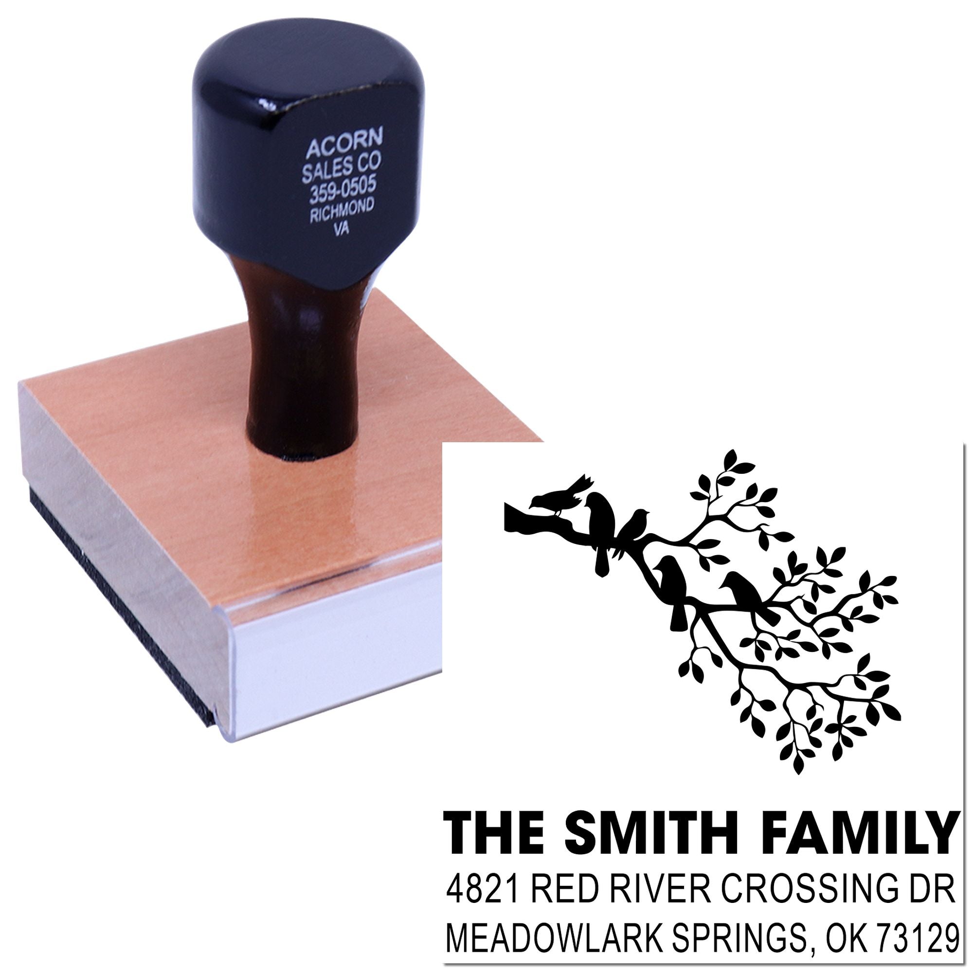 Custom rubber address stamp with The Smith Family name and bird branch design, ideal for envelopes, mail, and personal home correspondence