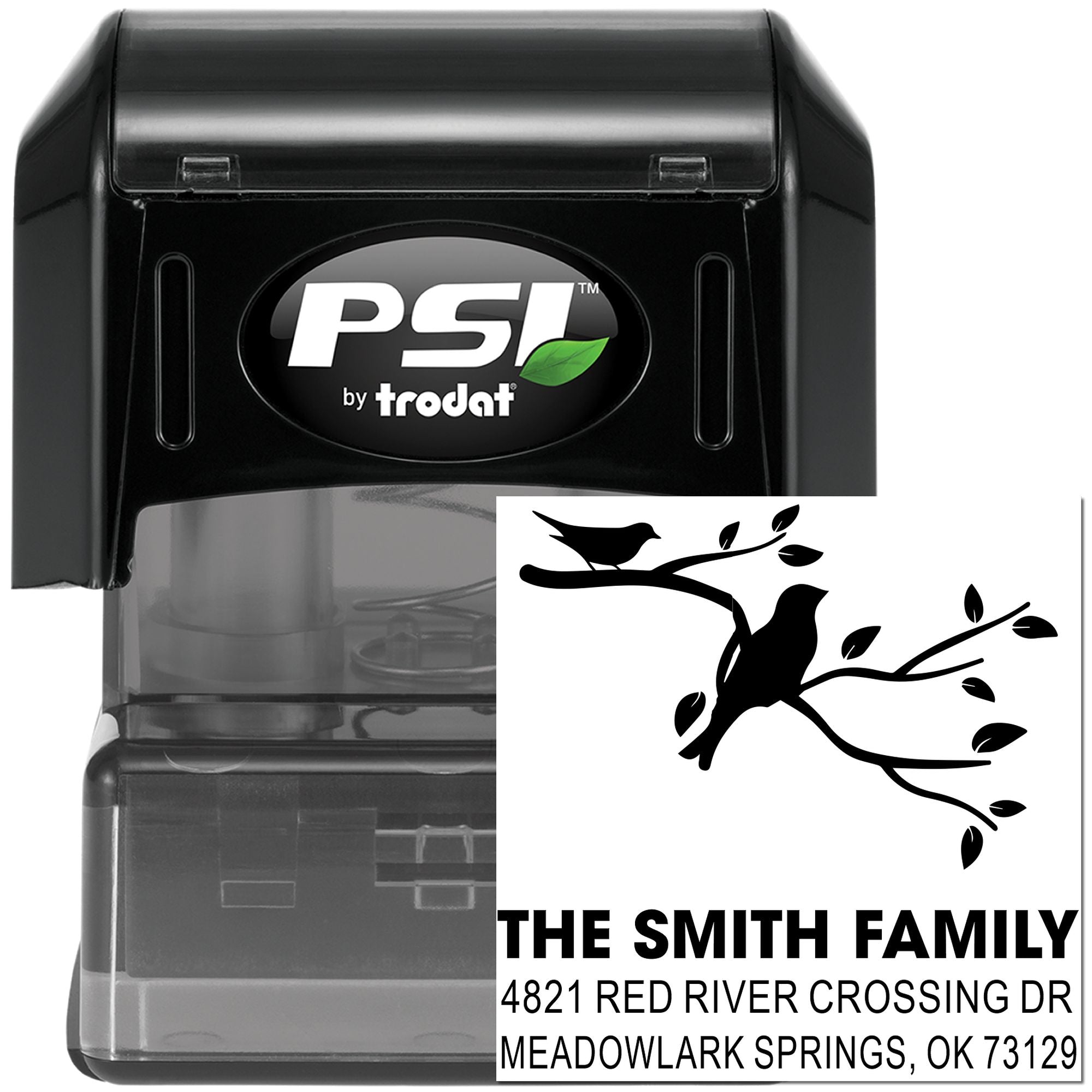 Custom self-inking PSI by Trodat rubber stamp with bird and branch design, personalized family name and address return address stamp for mailings.