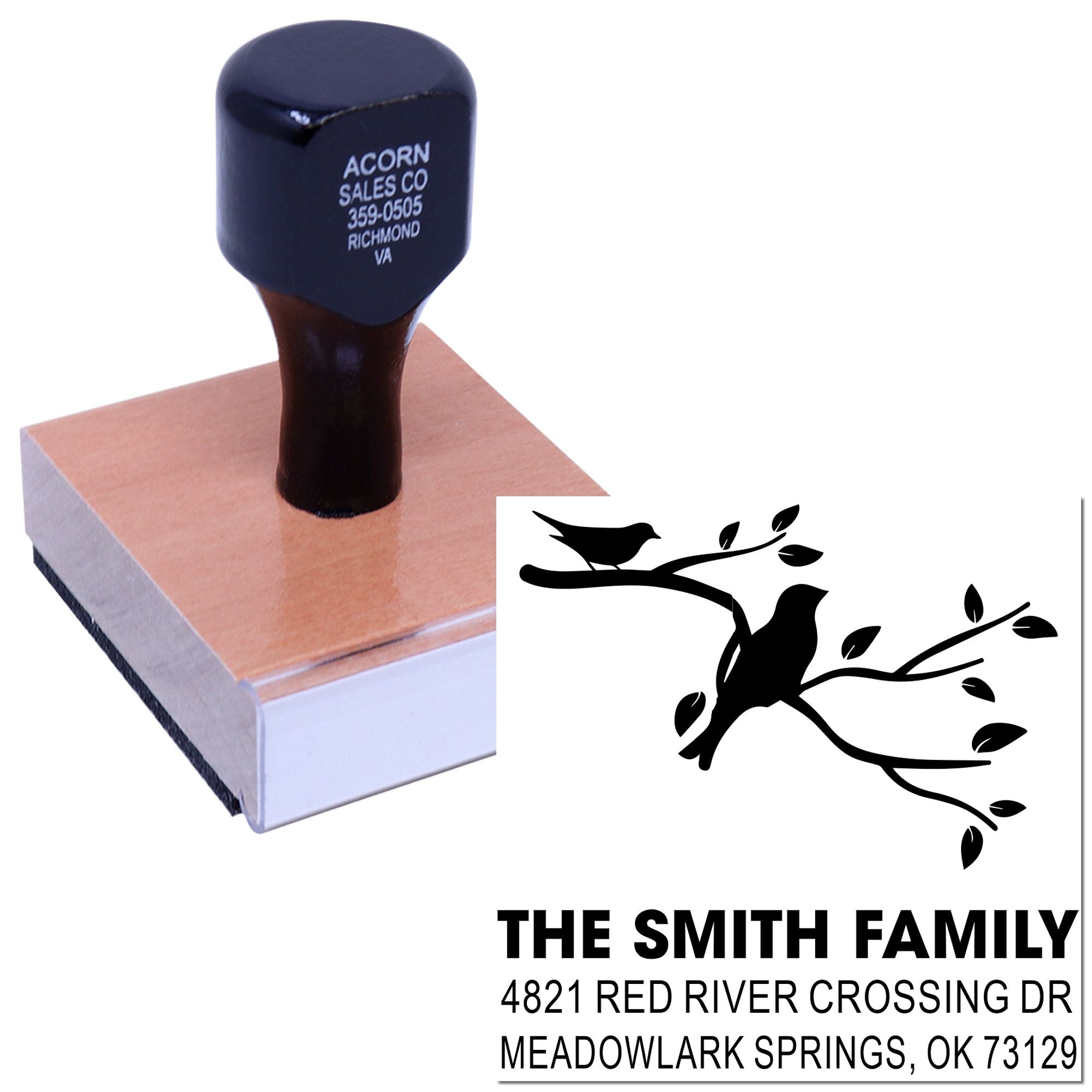 Custom rubber address stamp with bird branch design, featuring The Smith Family return address for personalized mailing and home correspondence.