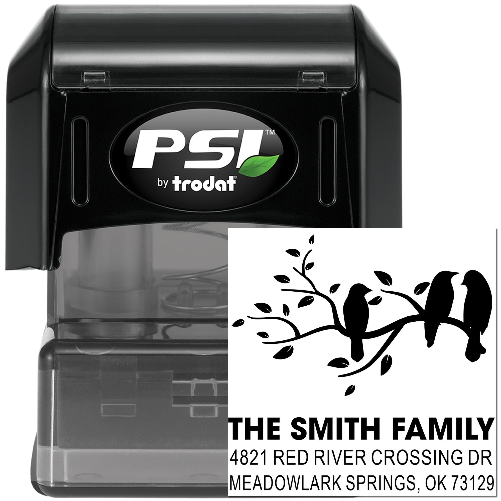 Custom self-inking rubber address stamp with bird branch design, PSI by Trodat, personalized family name and return address for home office mailing