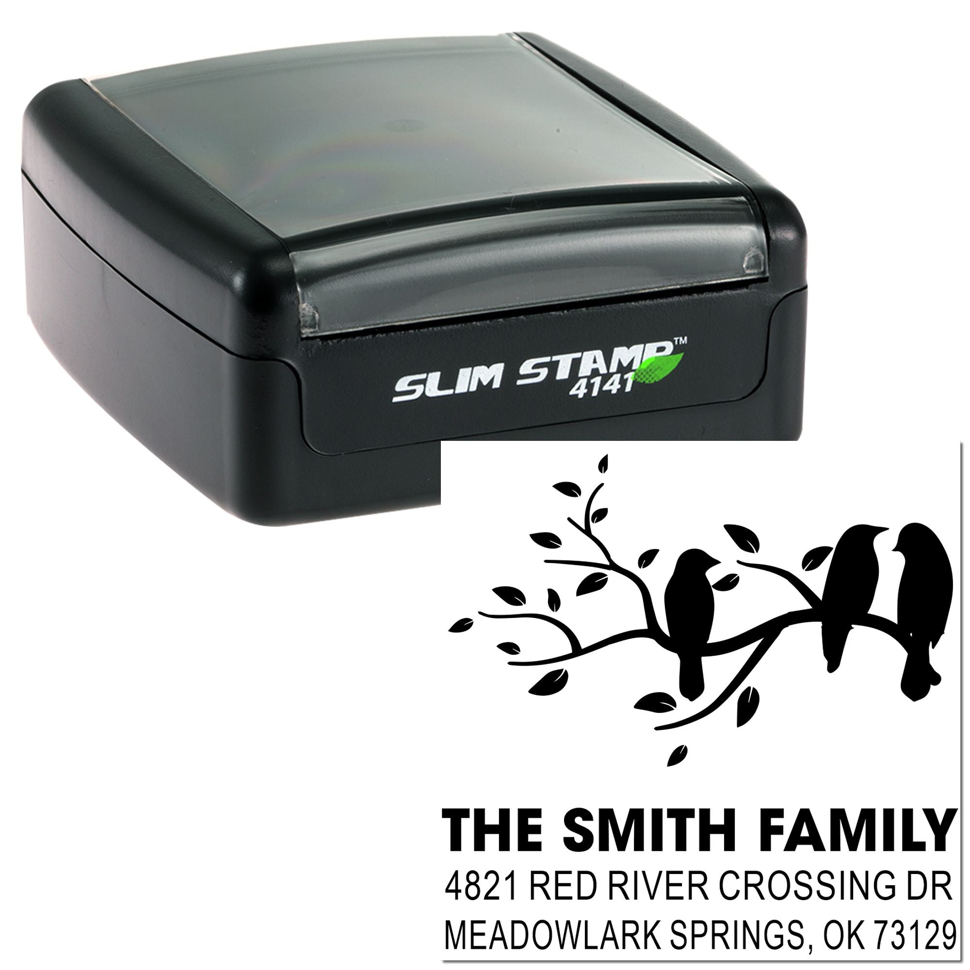 Custom self-inking rubber address stamp with bird branch design, personalized family name and return address for envelopes, cards and mail