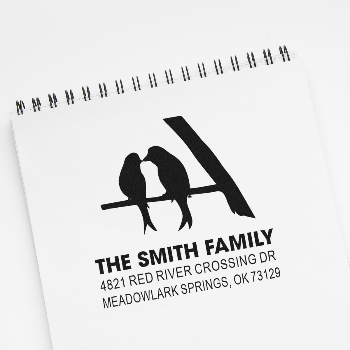 Custom return address rubber stamp with birds on an A monogram, featuring The Smith Family and 4821 Red River Crossing Dr, Meadowlark Springs, OK