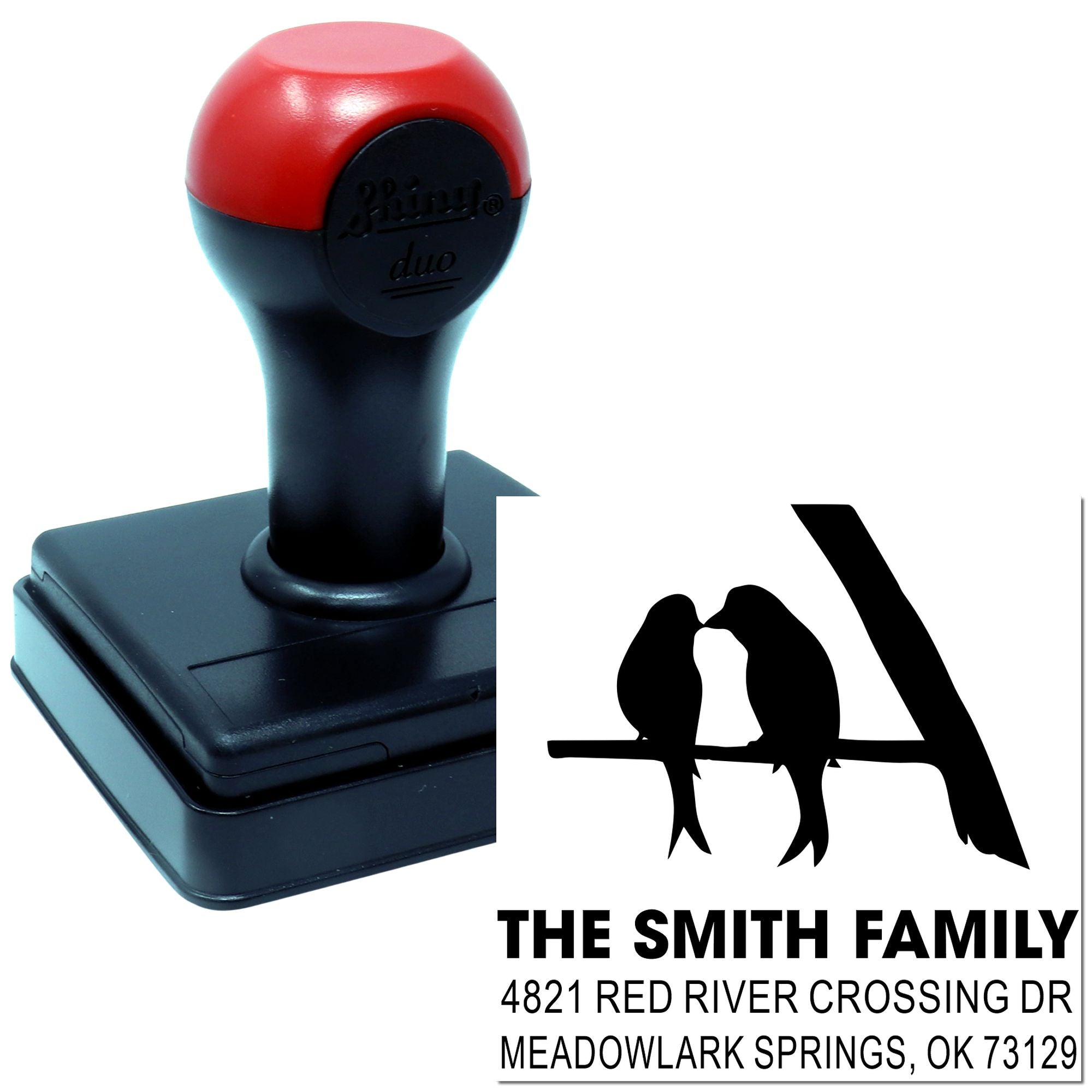 Custom self-inking address rubber stamp with monogram A, The Smith Family name, and return address for personalized mailing, business, and home use.