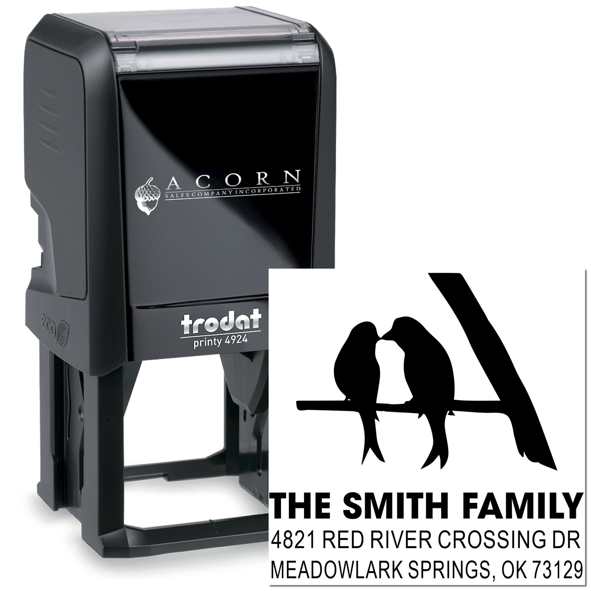 Custom self-inking rubber stamp with Trodat Printy 4924 black body and personalized family address design featuring birds and large initial A