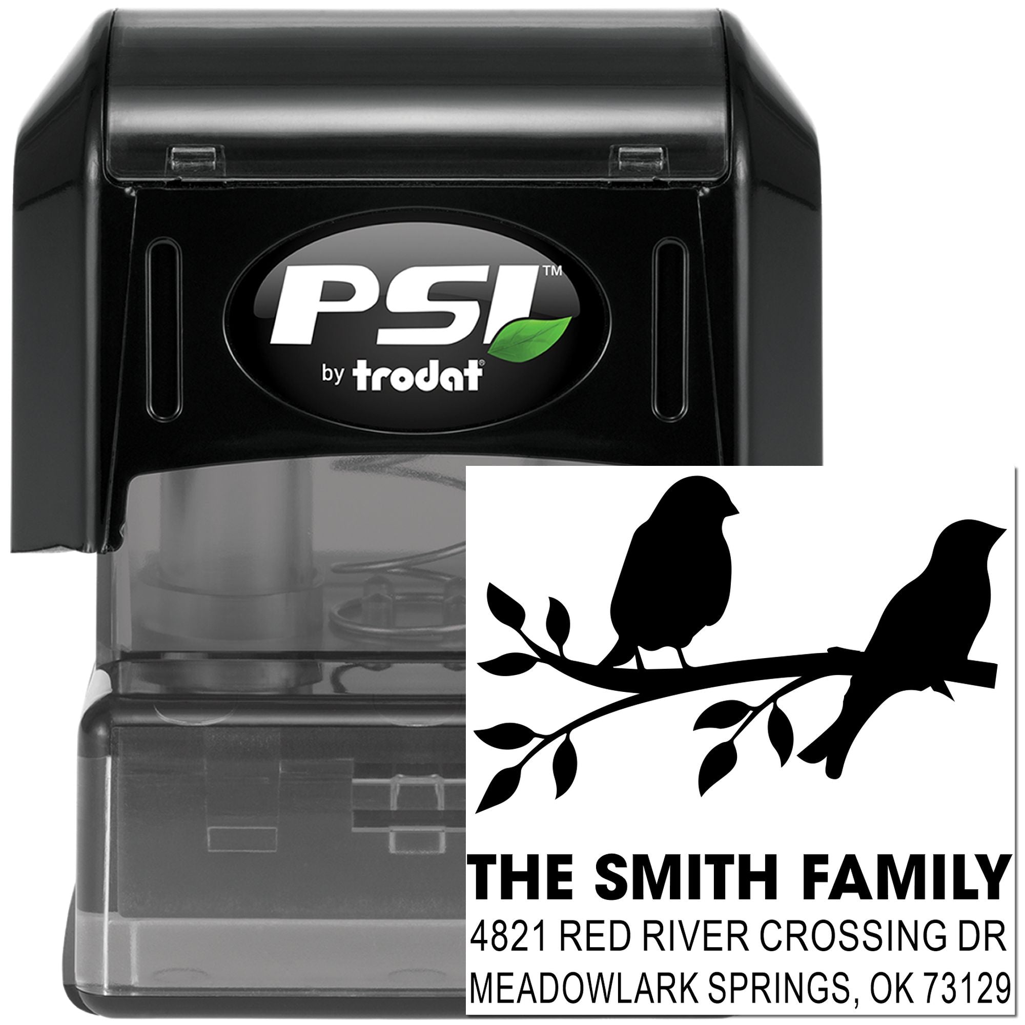 Custom self-inking address rubber stamp with bird branch design, personalized family name and mailing address, PSI by Trodat black stamp for envelopes