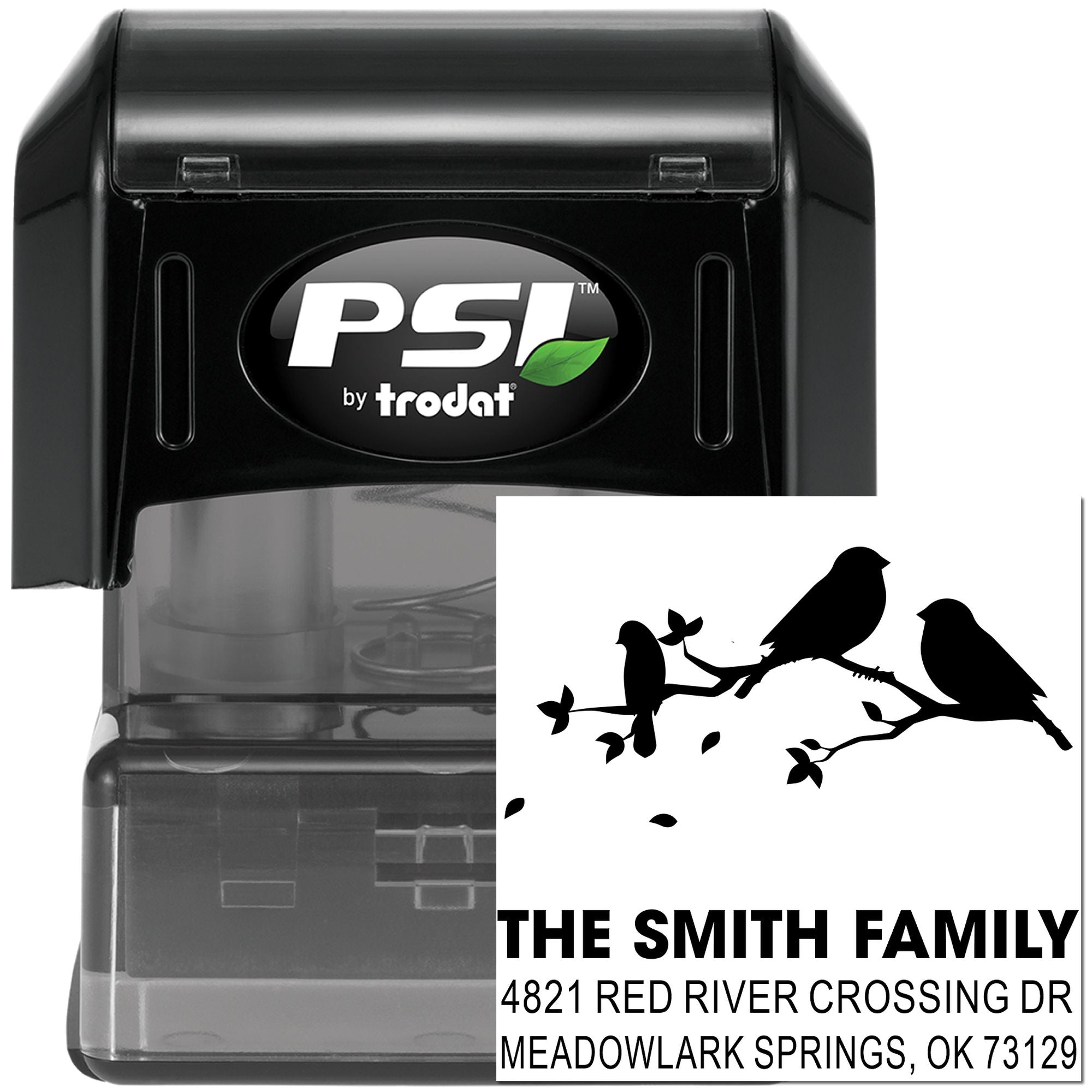 PSI by Trodat self-inking address stamp with custom bird branch design, The Smith Family name and Meadowlark Springs, OK return address.