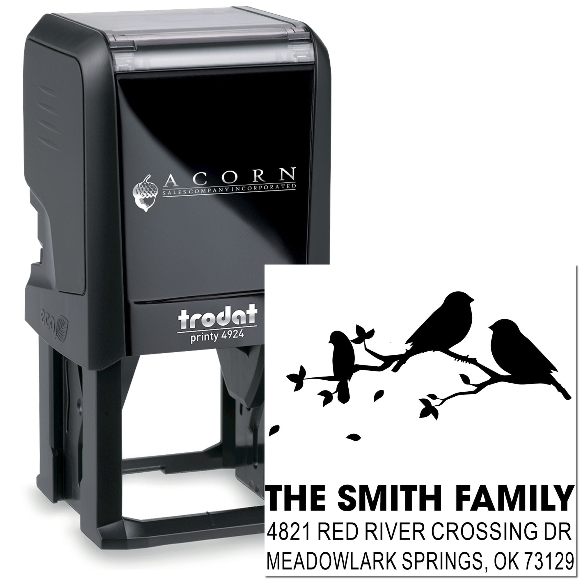 Trodat Printy 4924 custom self-inking address stamp with bird branch design, personalized family name, and Meadowlark Springs, OK return address