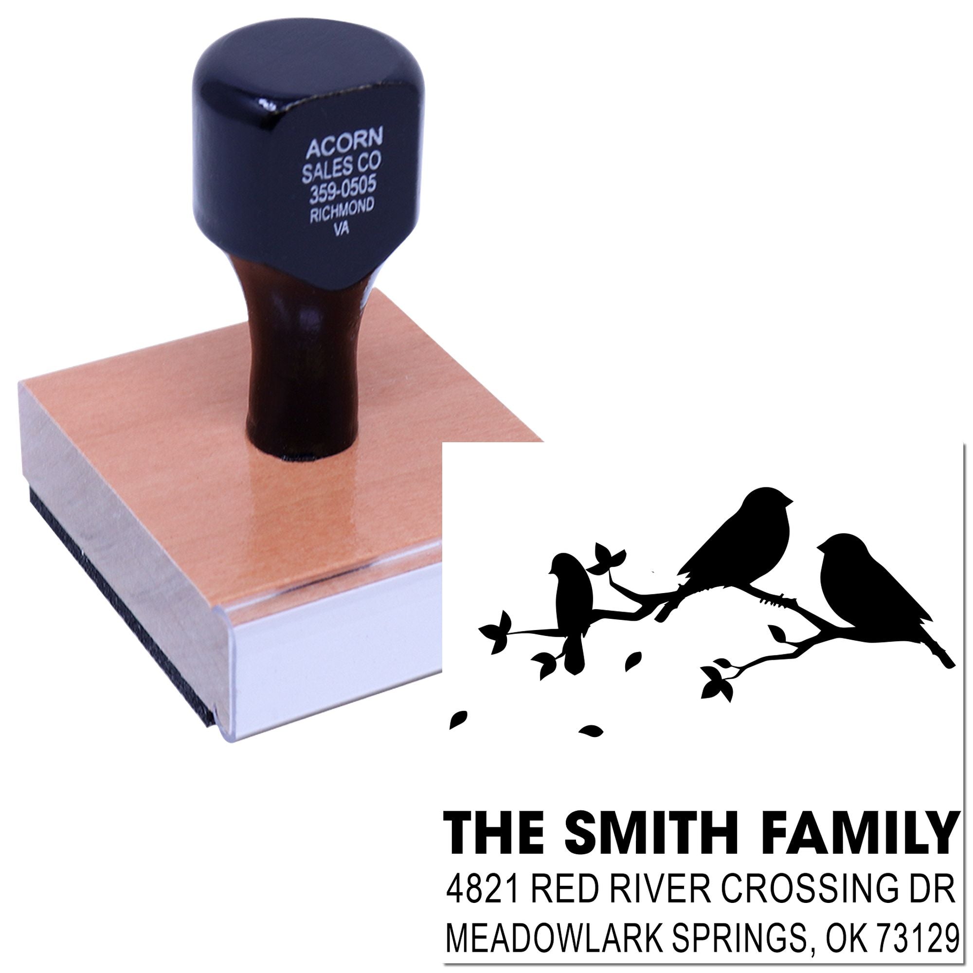 Custom self-inking rubber stamp with bird branch design and family return address for The Smith Family, perfect for envelopes, cards and invitations.
