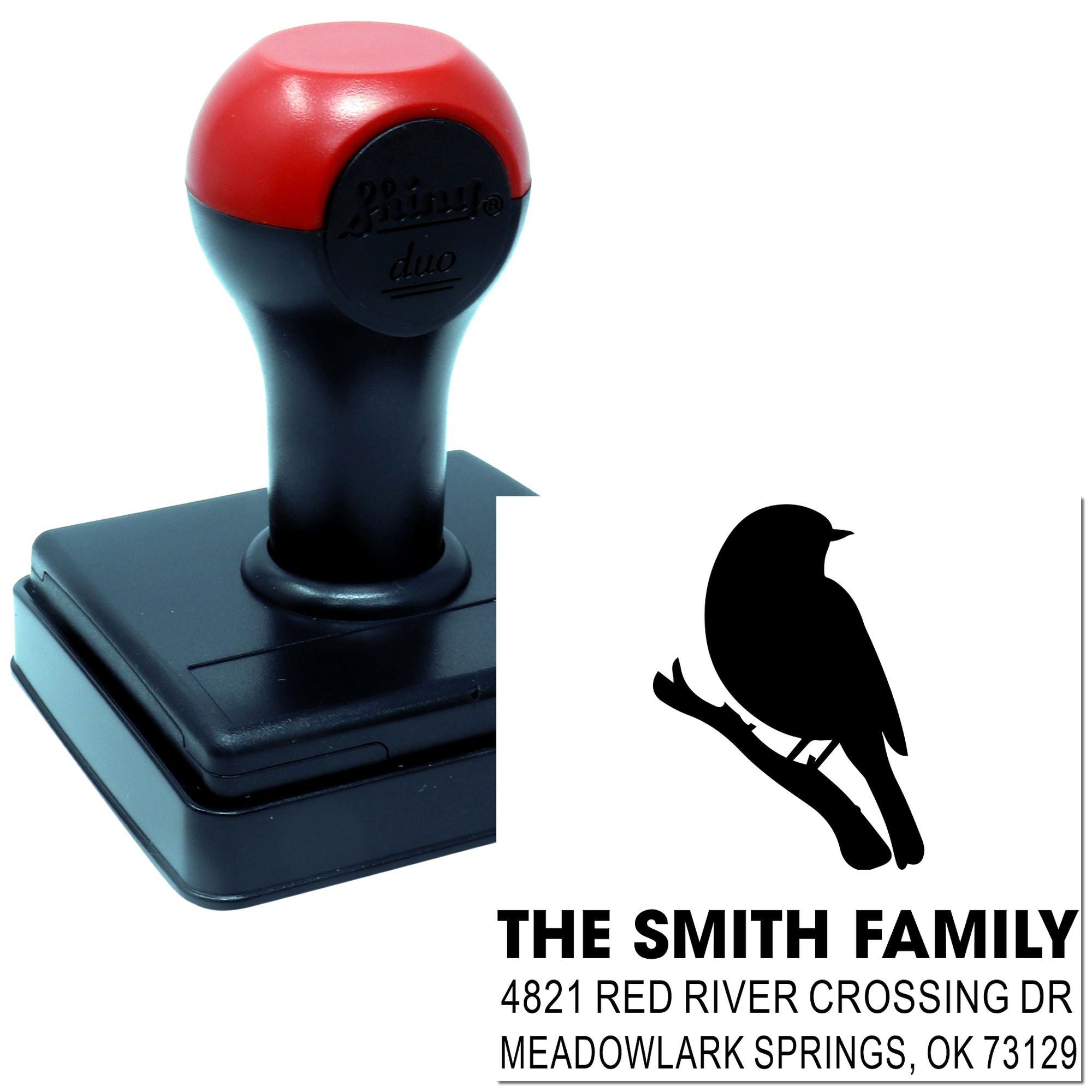 Custom self-inking rubber address stamp with bird silhouette, The Smith Family name, and return address for Meadowlark Springs, OK 73129