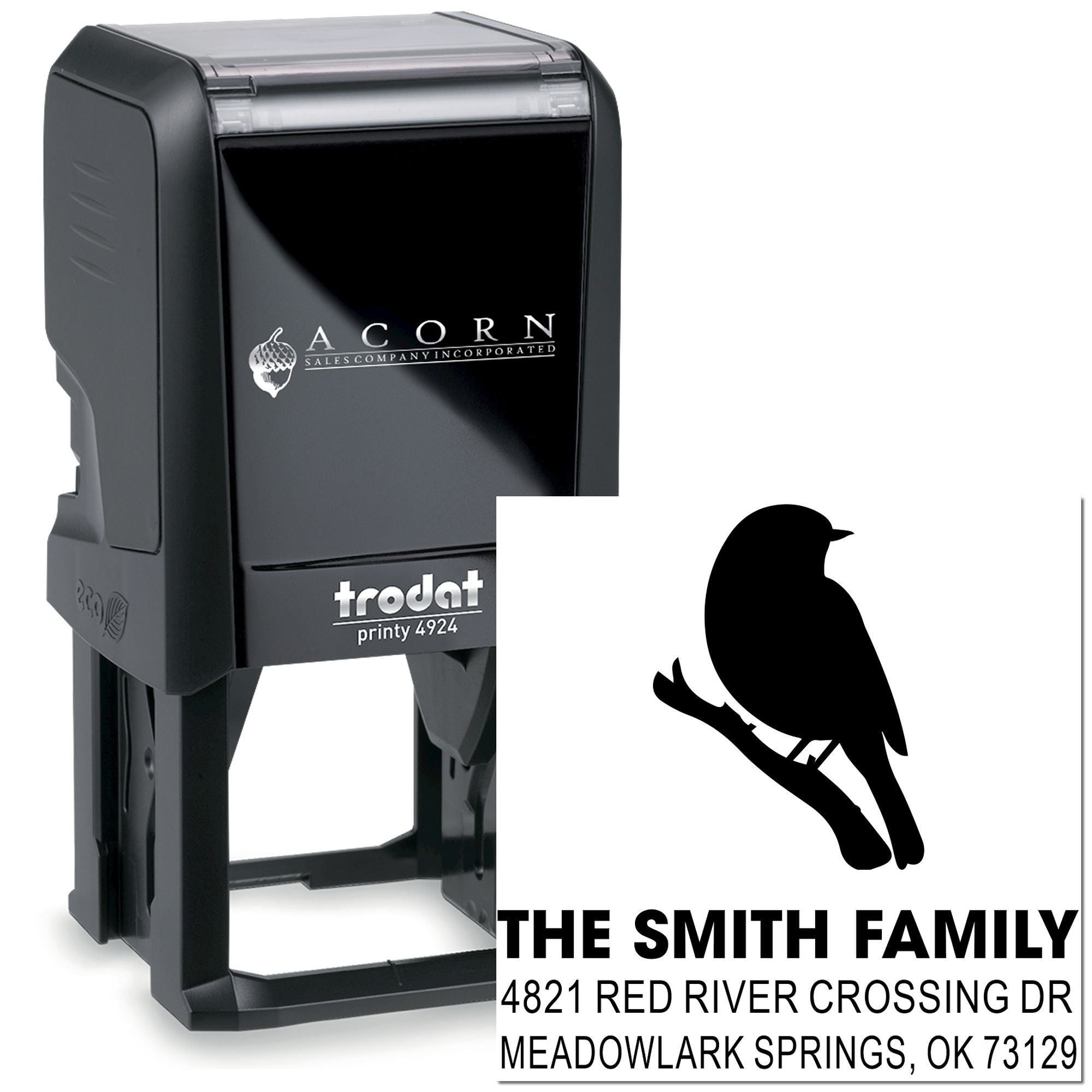 Custom self-inking rubber address stamp with bird silhouette, Smith family name, and Meadowlark Springs, OK return address for envelopes and mail