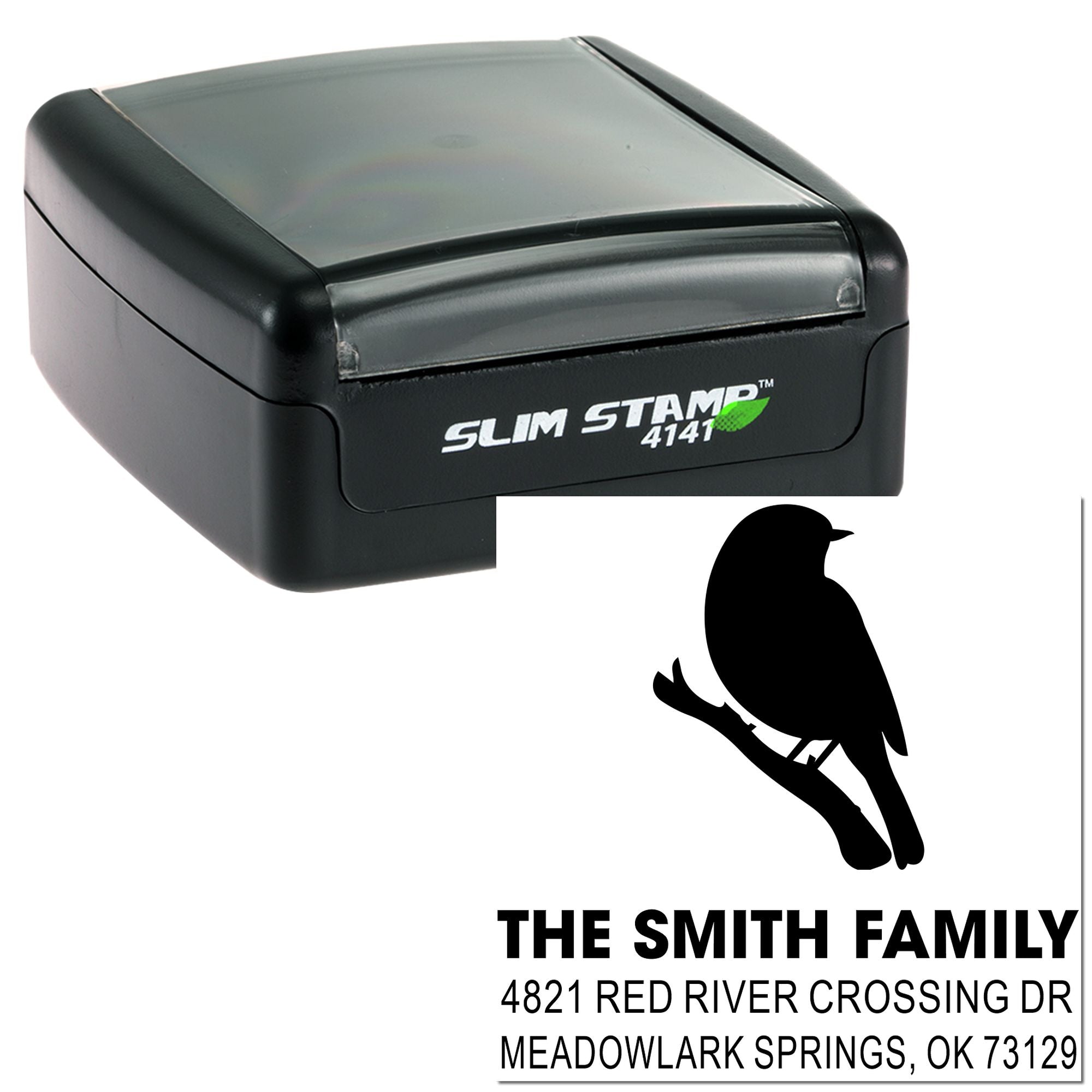Custom slim self-inking rubber address stamp with bird silhouette, family name, street address and city state ZIP for personalized mailing labels