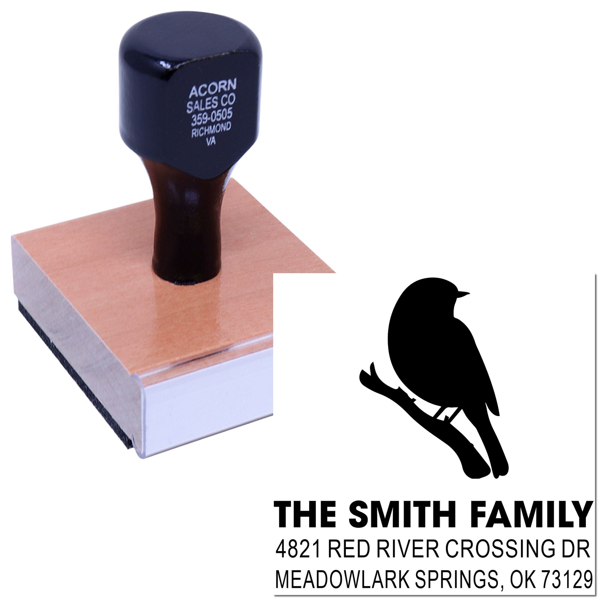 Custom rubber stamp with bird logo and The Smith Family return address, personalized address stamp for envelopes, stationery, and home mail use