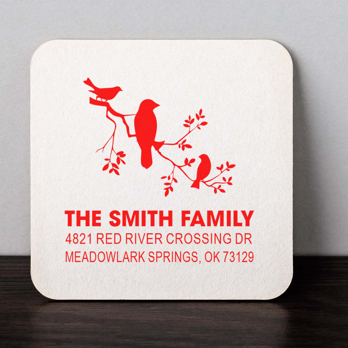 Custom family address rubber stamp with red birds on a branch, personalized return address stamp for The Smith Family, Meadowlark Springs, OK 73129