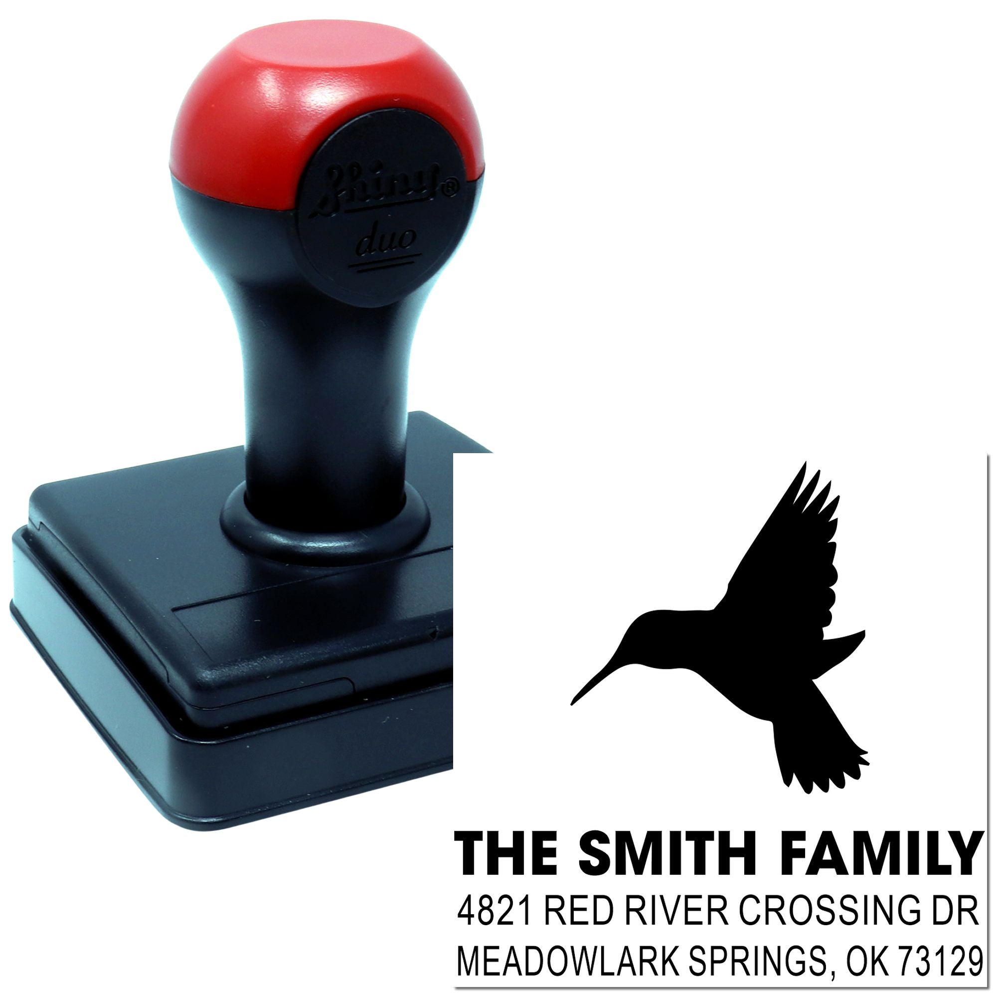 Custom self-inking rubber stamp with hummingbird design, Smith Family return address stamp for 4821 Red River Crossing Dr, Meadowlark Springs, OK
