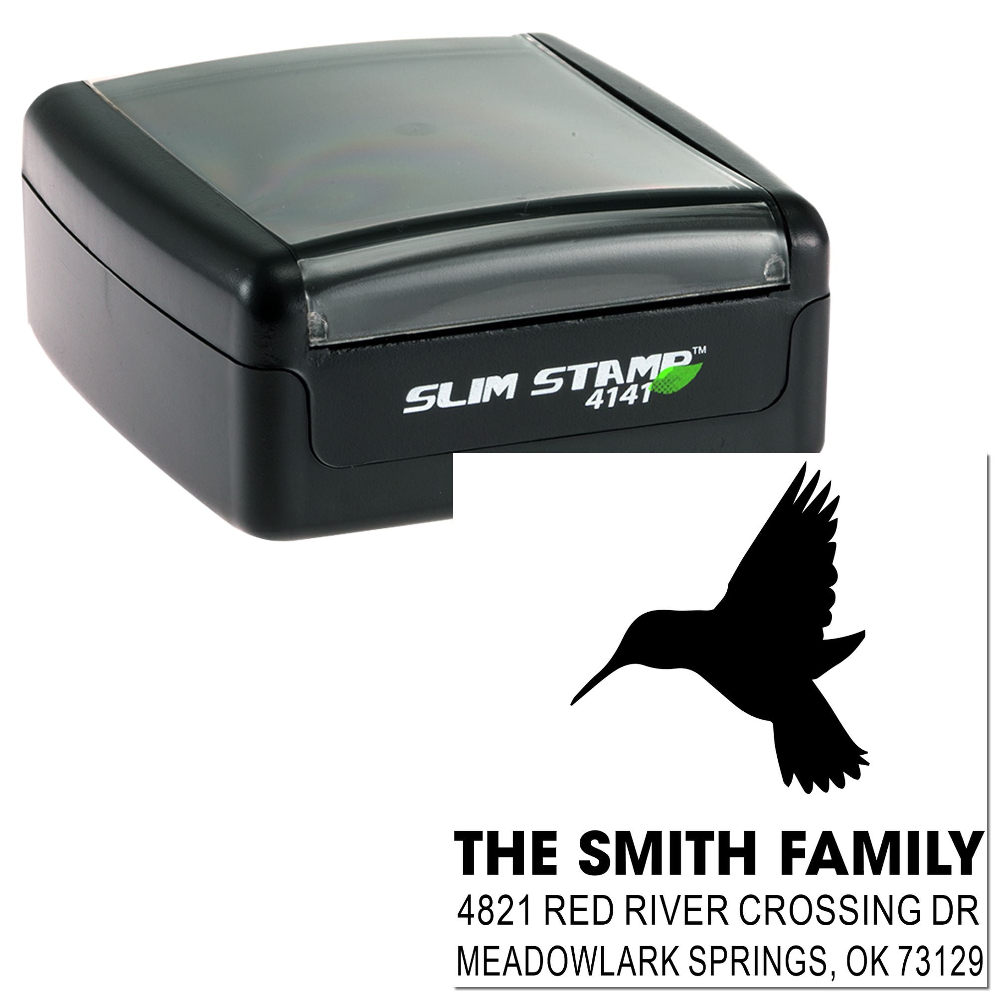 Custom self-inking Slim Stamp 4141 rubber stamp with hummingbird design and The Smith Family return address for personalized mailing use
