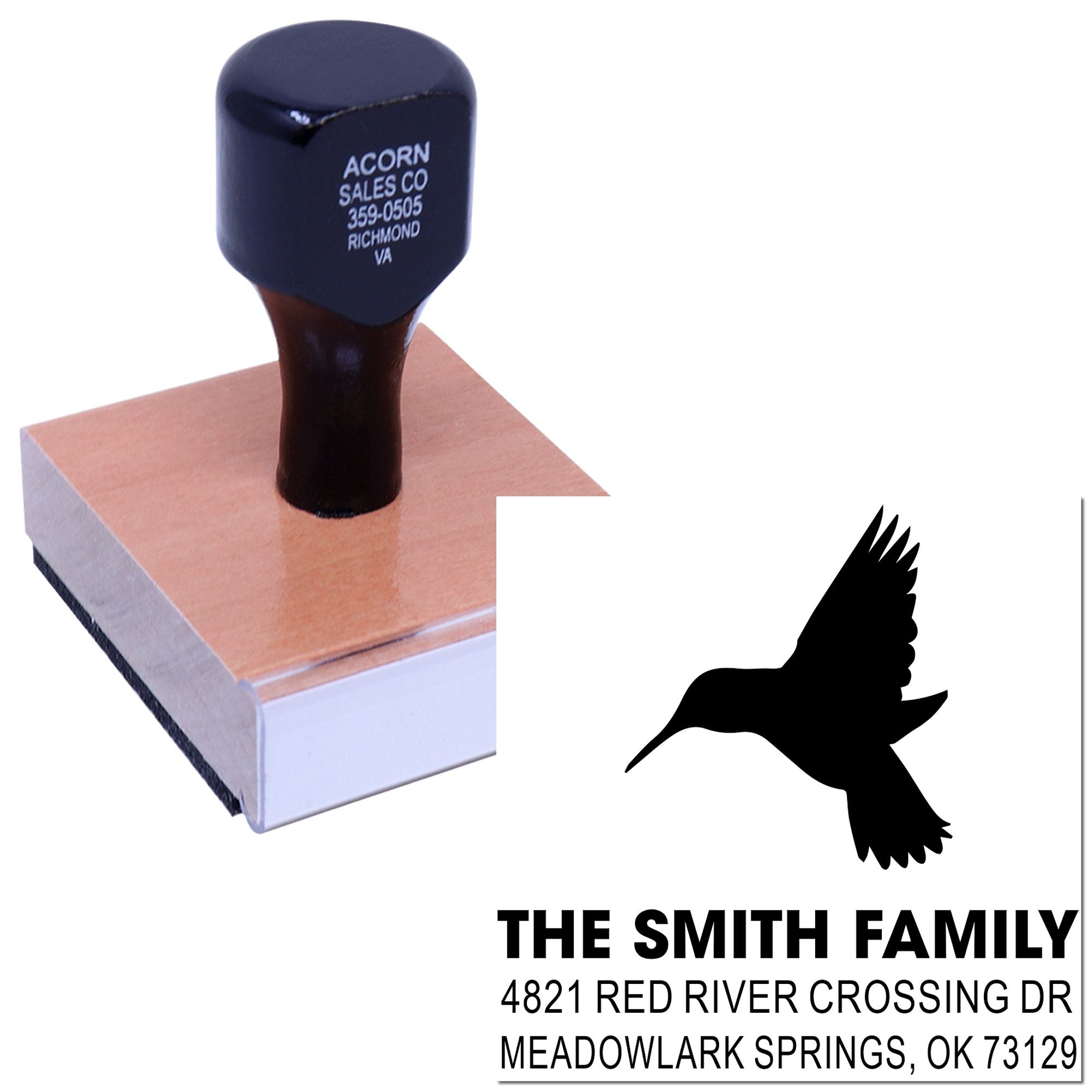 Custom rubber return address stamp with hummingbird logo, The Smith Family name, and personalized mailing address for envelopes and stationery.