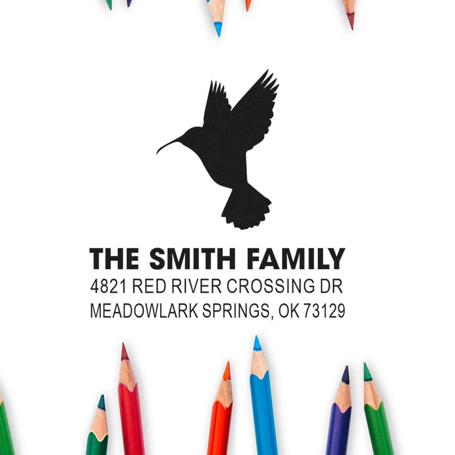 Custom rubber address stamp with hummingbird silhouette, personalized The Smith Family return address, Meadowlark Springs, OK 73129.