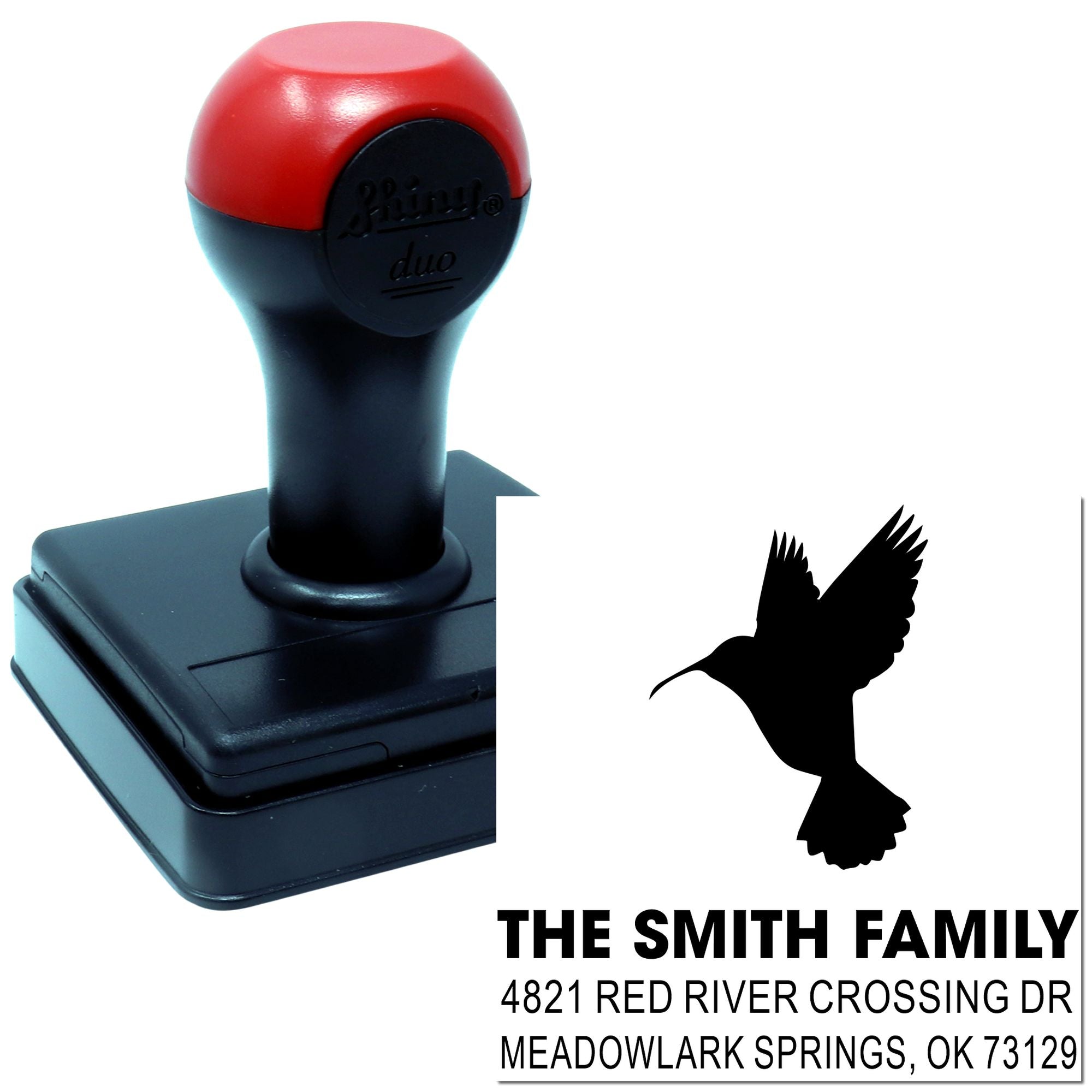 Custom self-inking rubber stamp with hummingbird design and return address text for The Smith Family, ideal for personalized mailing and envelopes