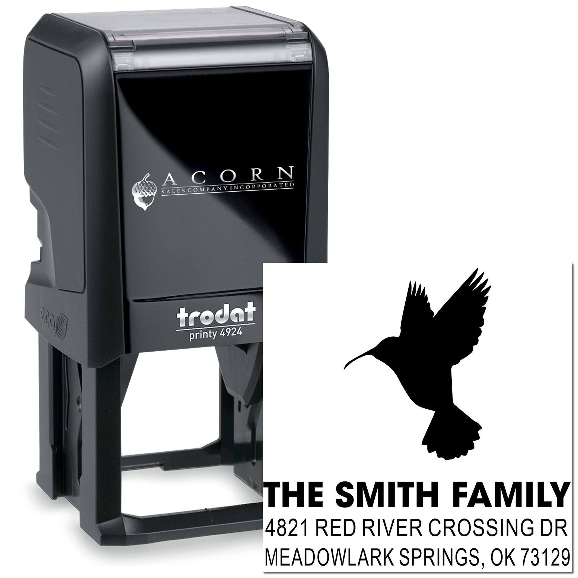 Black self-inking rubber stamp with hummingbird design, The Smith Family return address, Trodat Printy 4924 for personalized mailing use