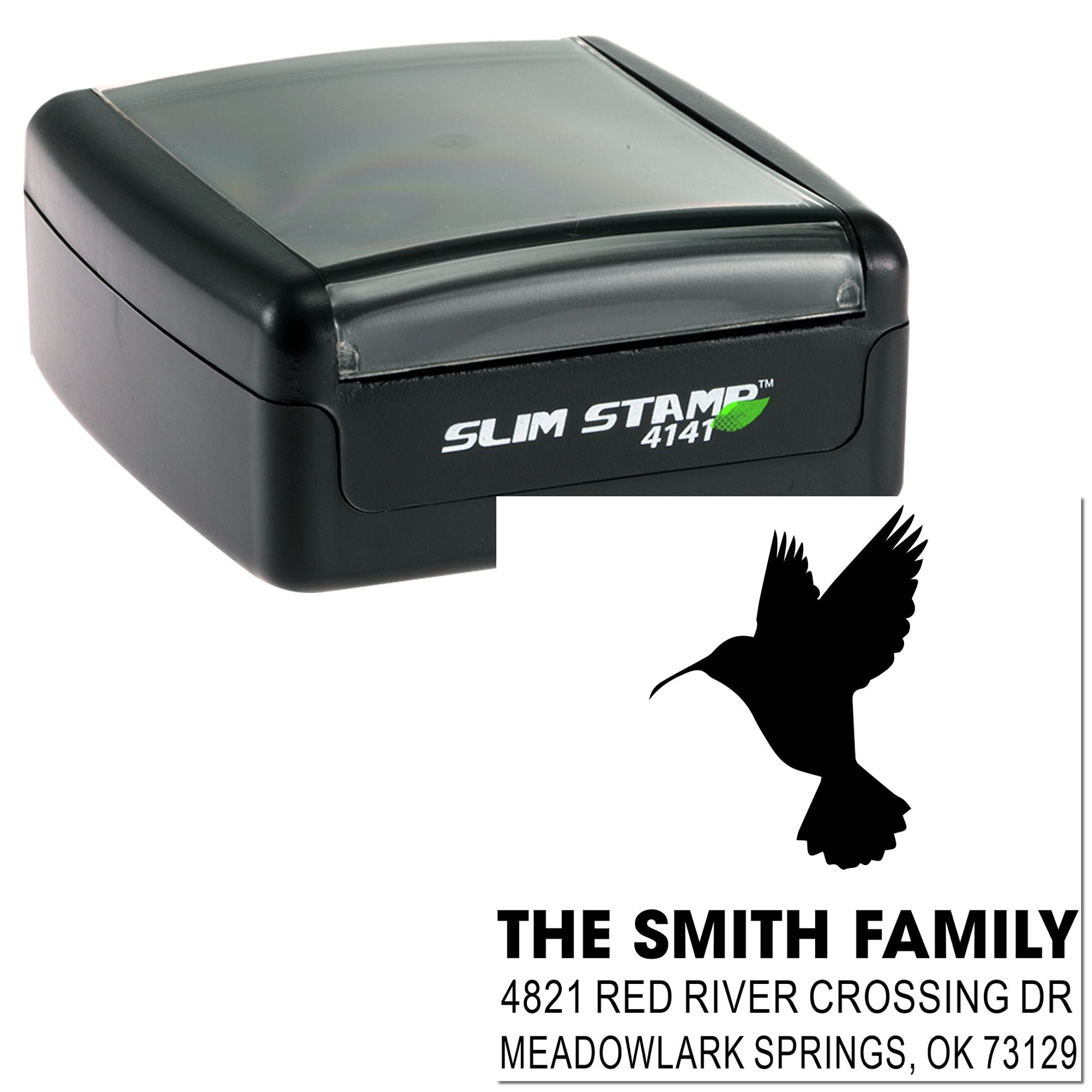 Custom self-inking address stamp with hummingbird design, The Smith Family return address, personalized rubber stamp for mail and stationery