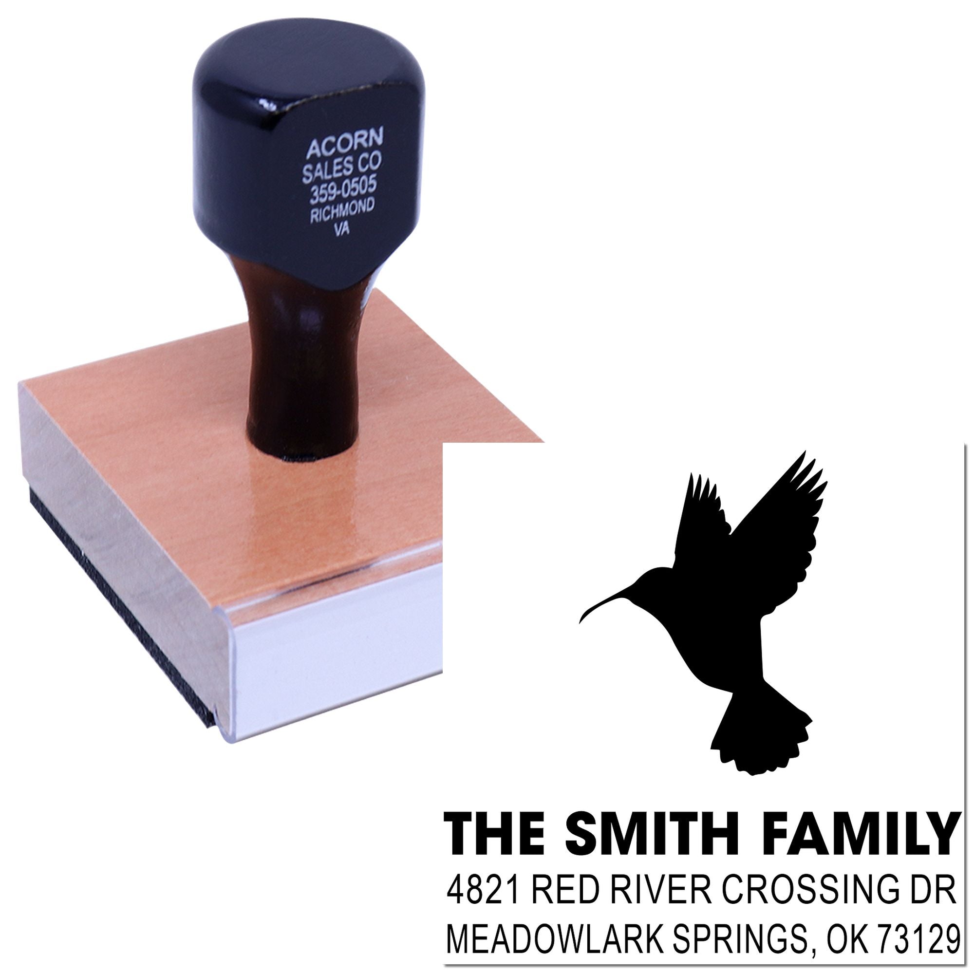 Custom rubber stamp with hummingbird design and return address for The Smith Family, perfect for personalized envelopes, cards, and mailings.