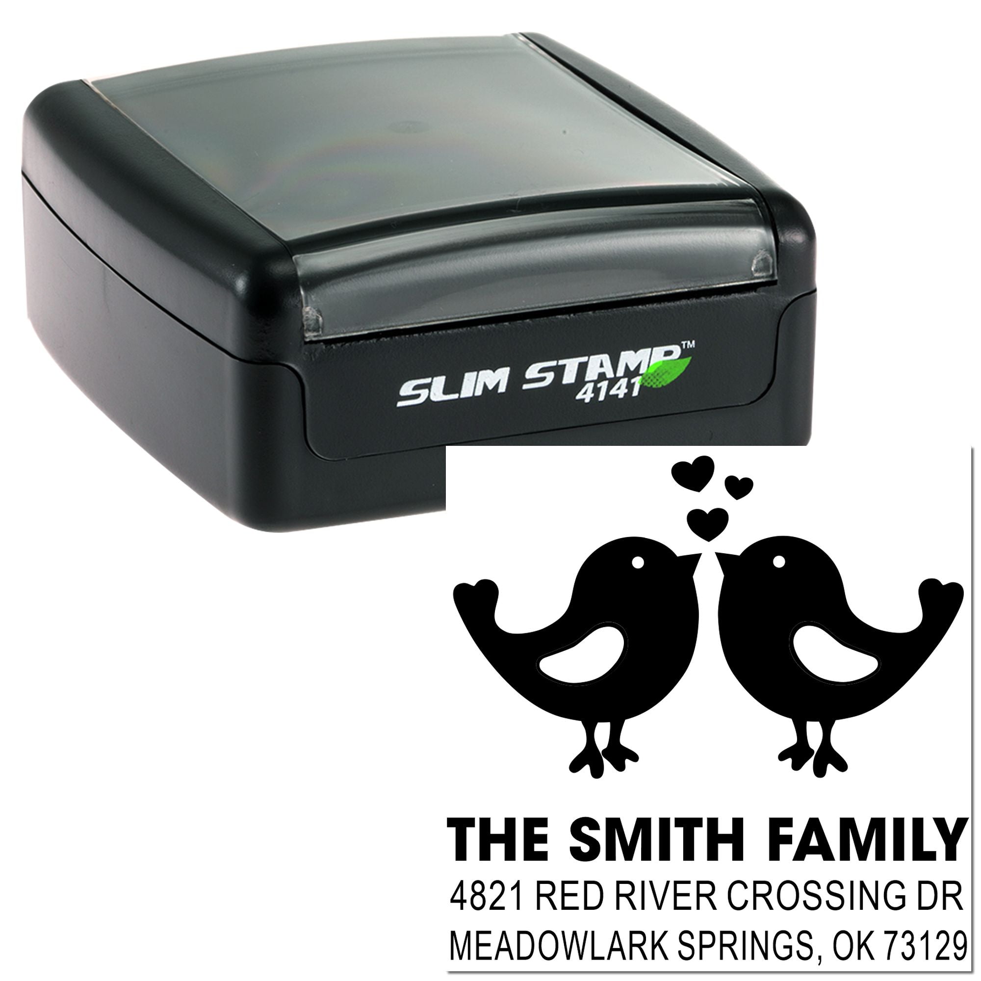 Slim Stamp 4141 self-inking rubber stamp with custom return address design, bird and heart motif, for The Smith Family in Meadowlark Springs, OK