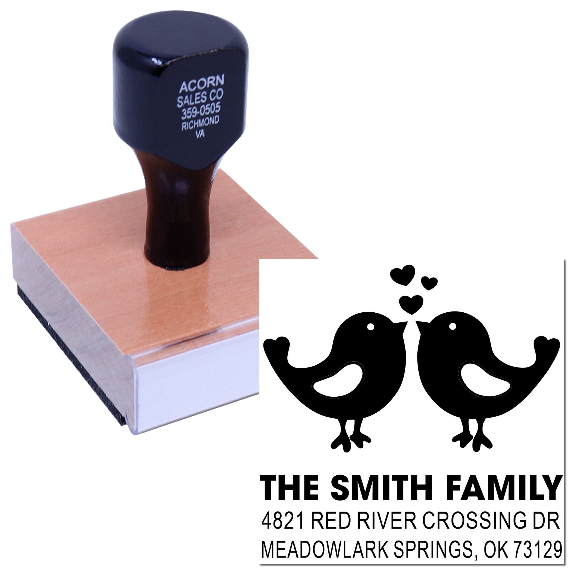 Custom rubber stamp with love bird design and Smith family address, perfect for personalized wedding invitations, mailing labels, and crafts.