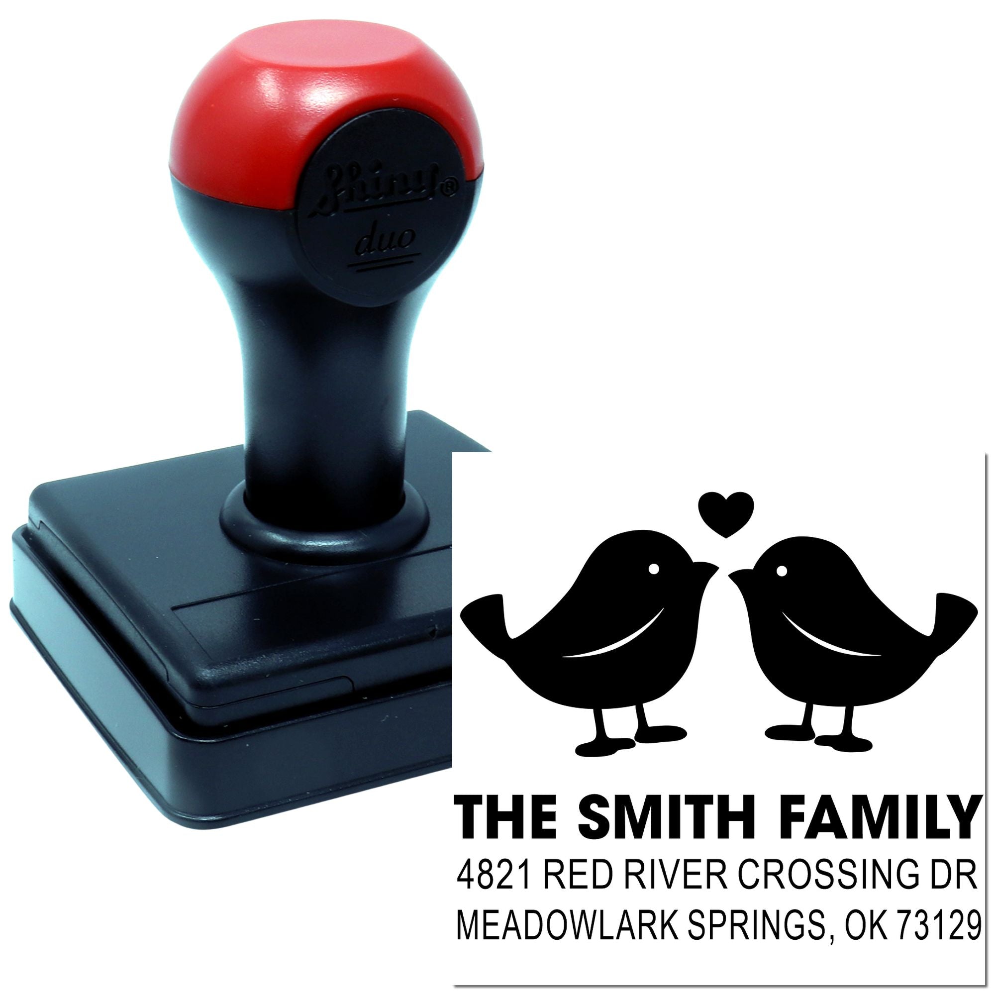 Custom self-inking rubber address stamp with bird design, personalized family name and return address for envelopes, mailing and crafts