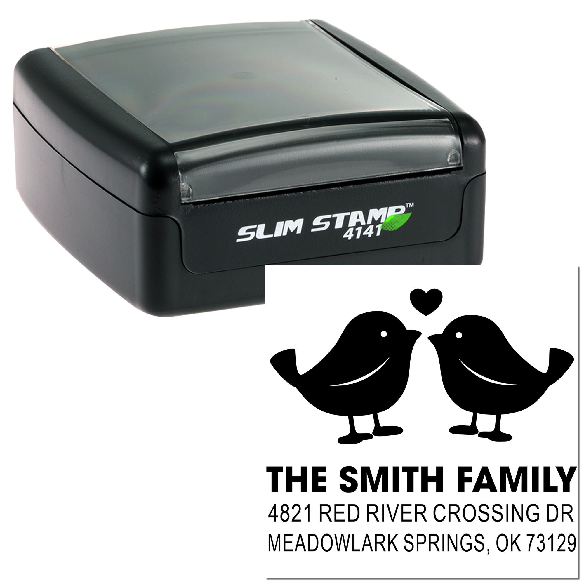 Slim Stamp 4141 self-inking custom address rubber stamp with bird and heart design for The Smith Family, featuring Meadowlark Springs, OK address