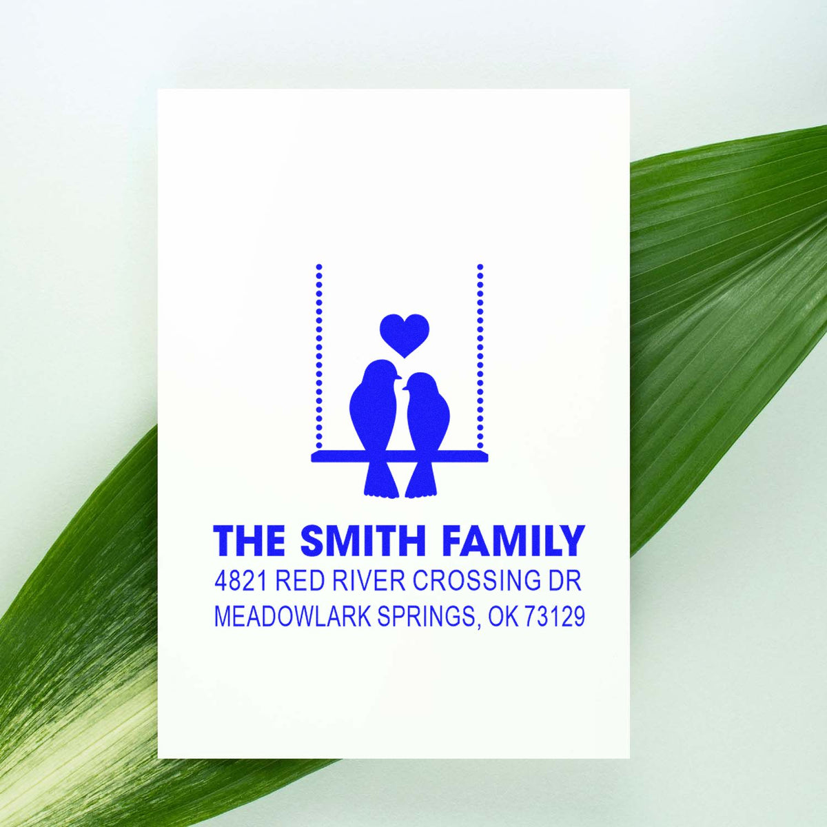 Personalized family address rubber stamp with birds and heart design, custom return address for The Smith Family, Meadowlark Springs, OK 73129