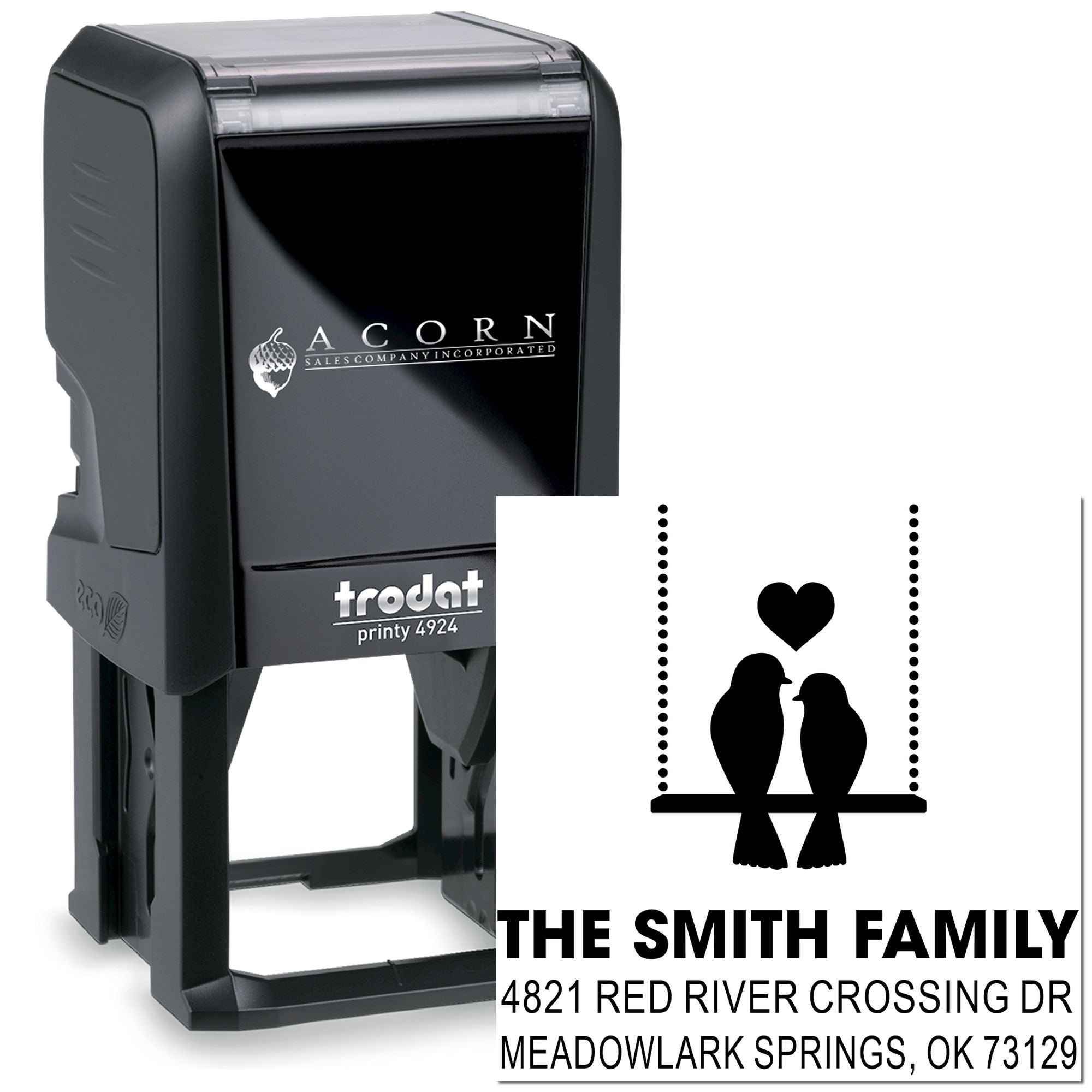 Custom self-inking Trodat Printy 4924 rubber address stamp with birds and heart design, personalized family return address stamp for envelopes and mail.