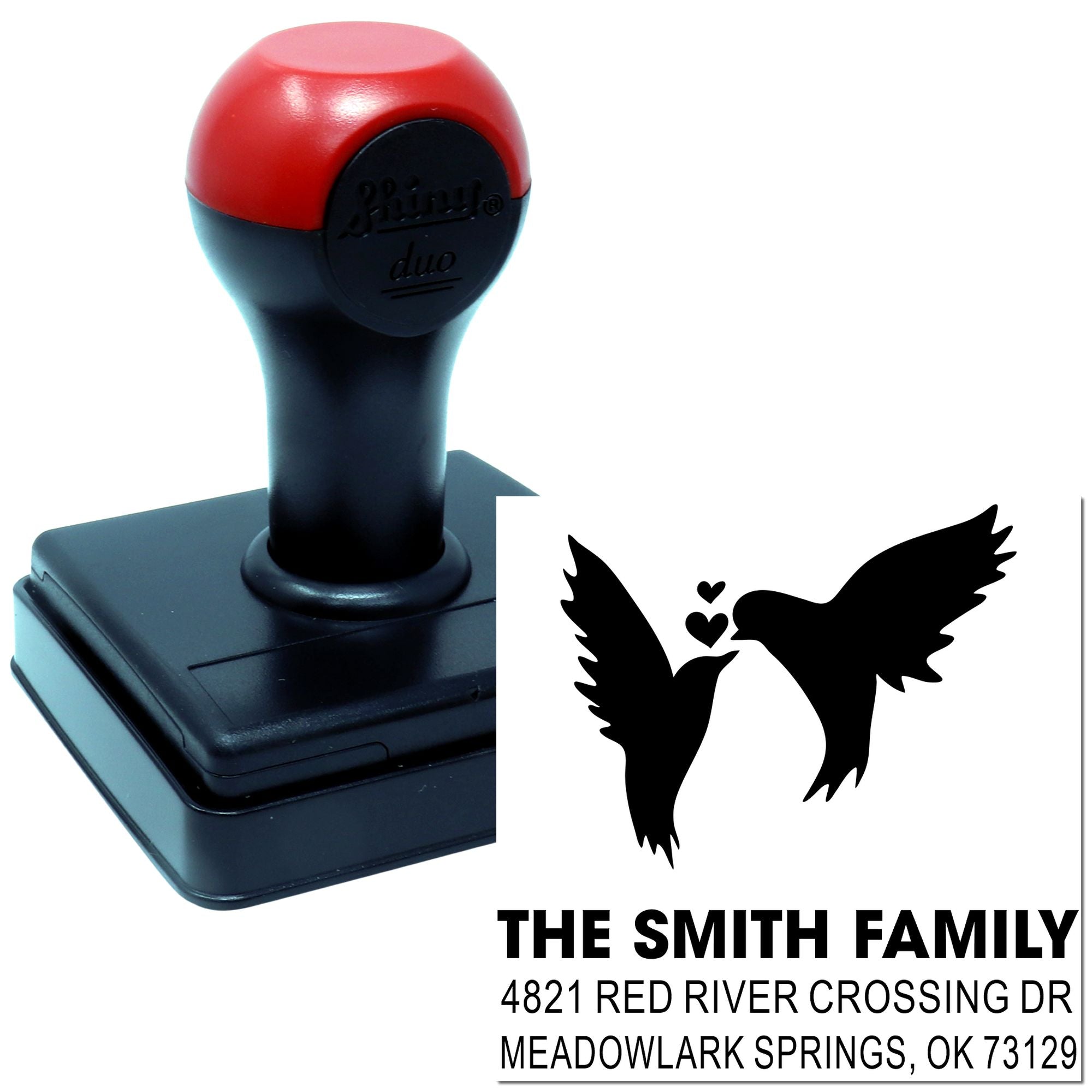 Self-inking custom address stamp with doves and hearts, personalized Smith family name and mailing address for wedding or home use