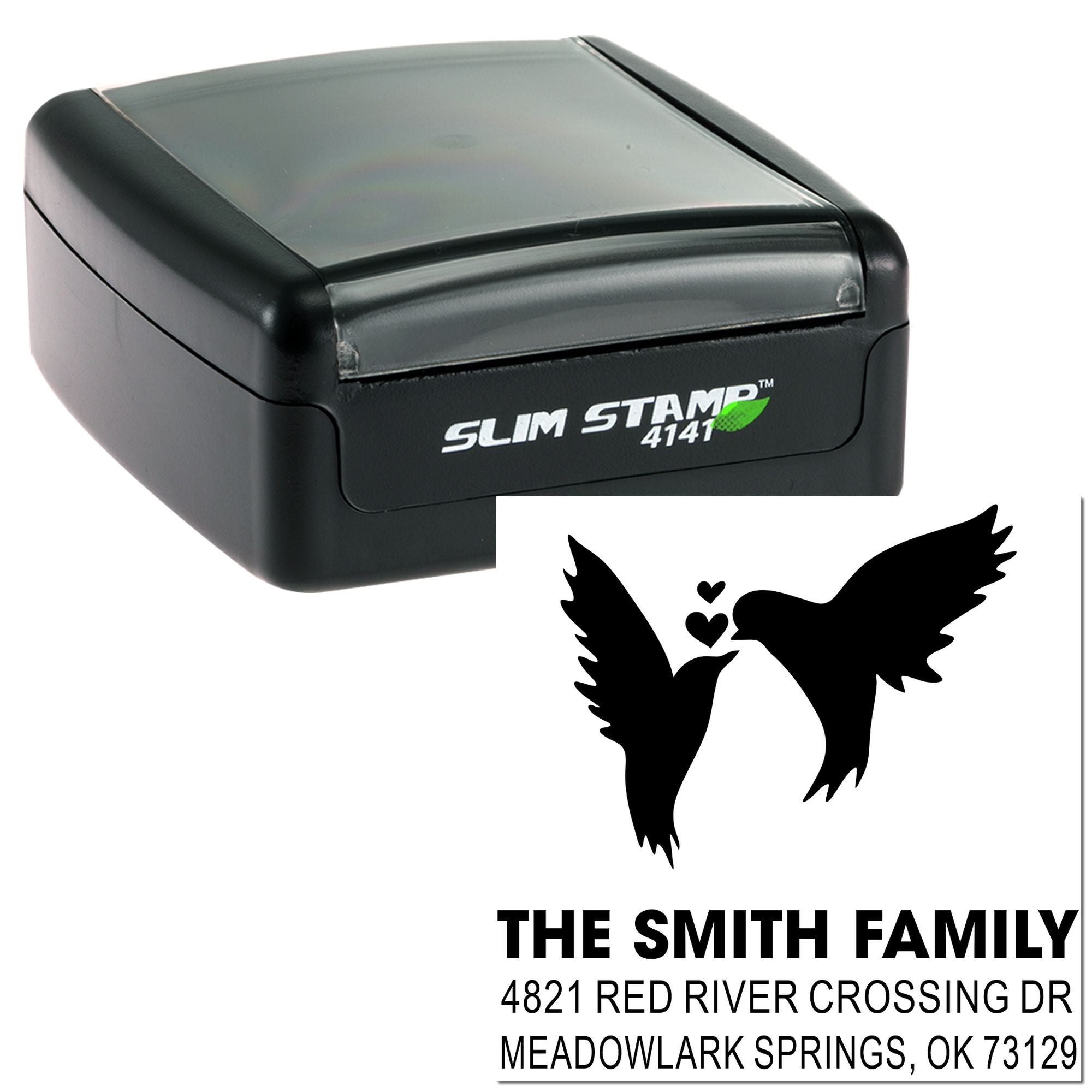 Custom self-inking rubber stamp with bird and heart design, personalized Smith Family address return stamp, black Slim Stamp 4141 for mail.
