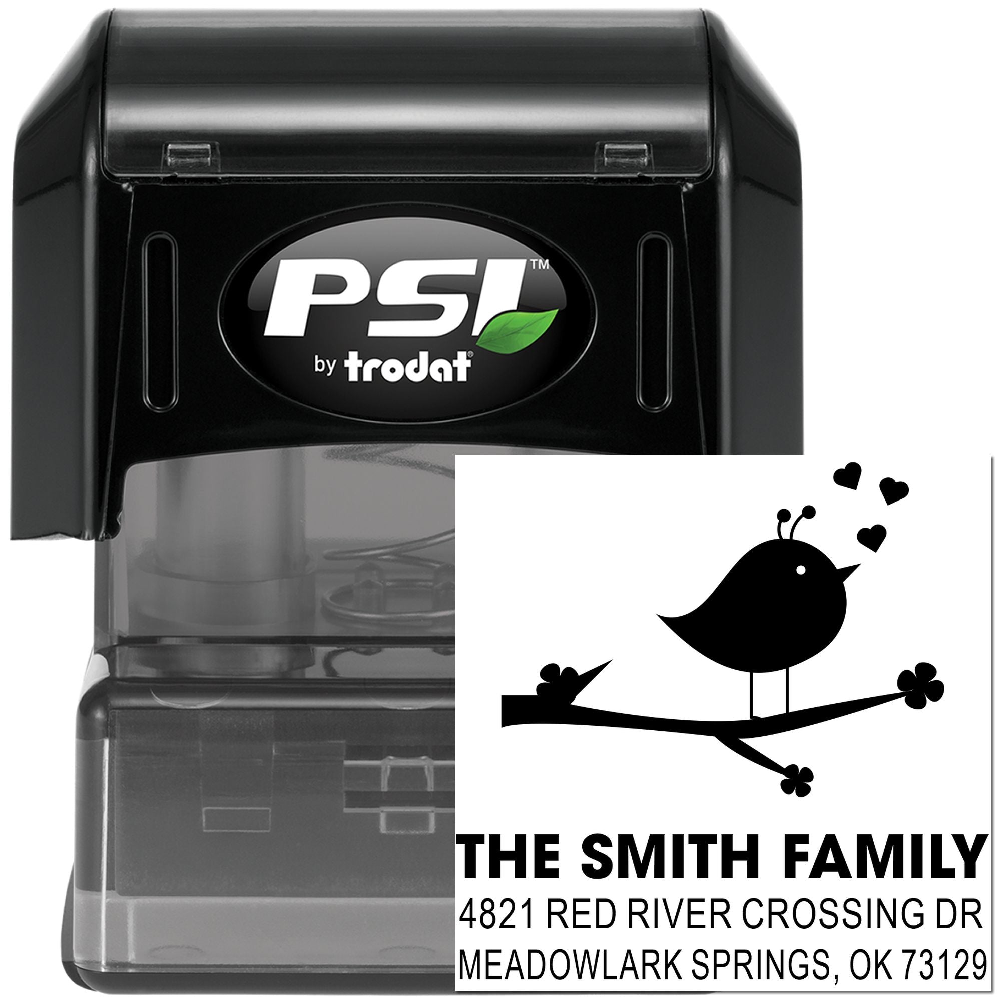 Personalized self-inking rubber address stamp with bird and hearts design, custom family name, return address, and PSI by trodat case