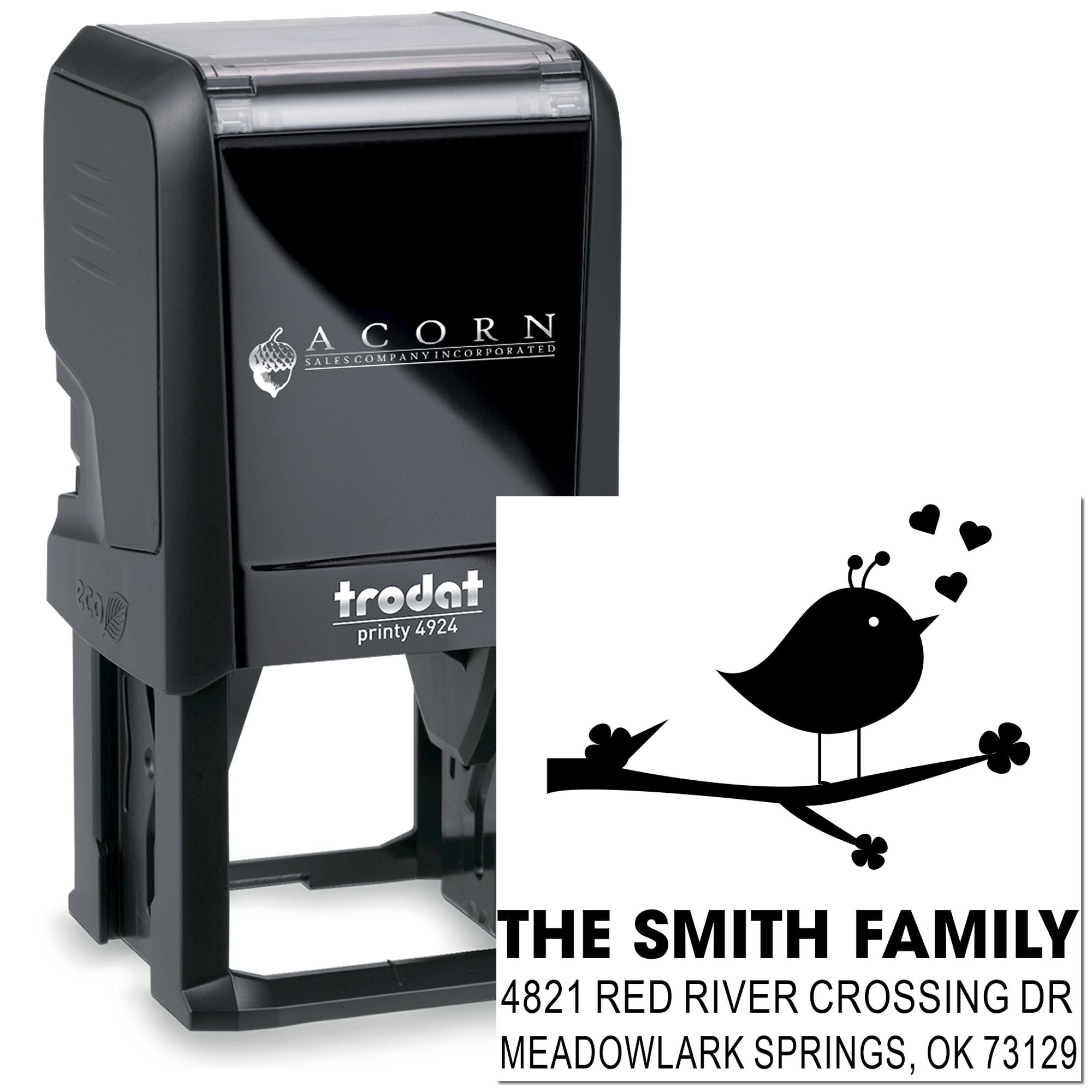 Custom self-inking Trodat Printy 4924 rubber stamp with personalized family address and bird design, ideal for home mailing, crafts, and gifts.