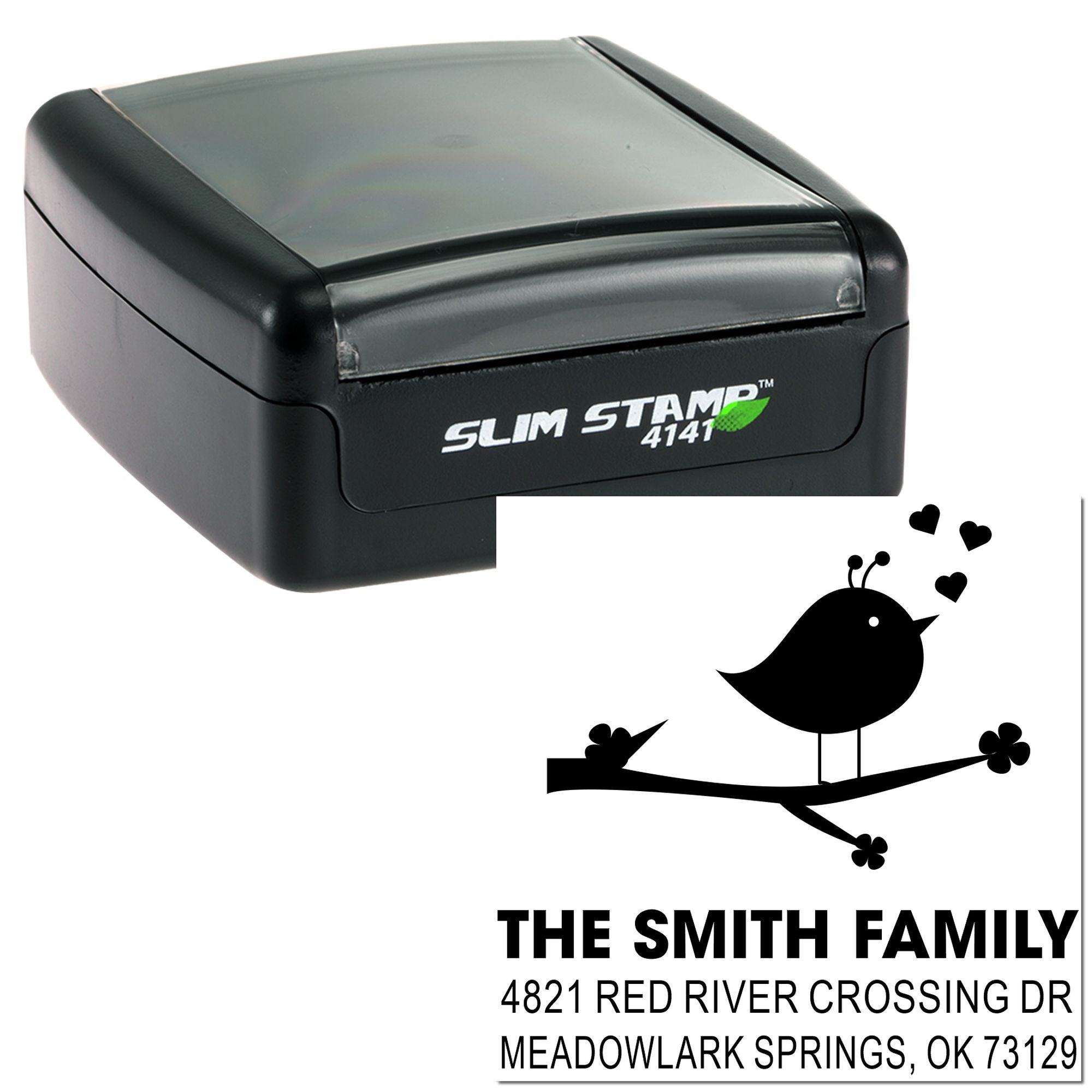Slim Stamp 4141 self-inking custom address stamp featuring bird and heart design for The Smith Family, Meadowlark Springs OK return address.
