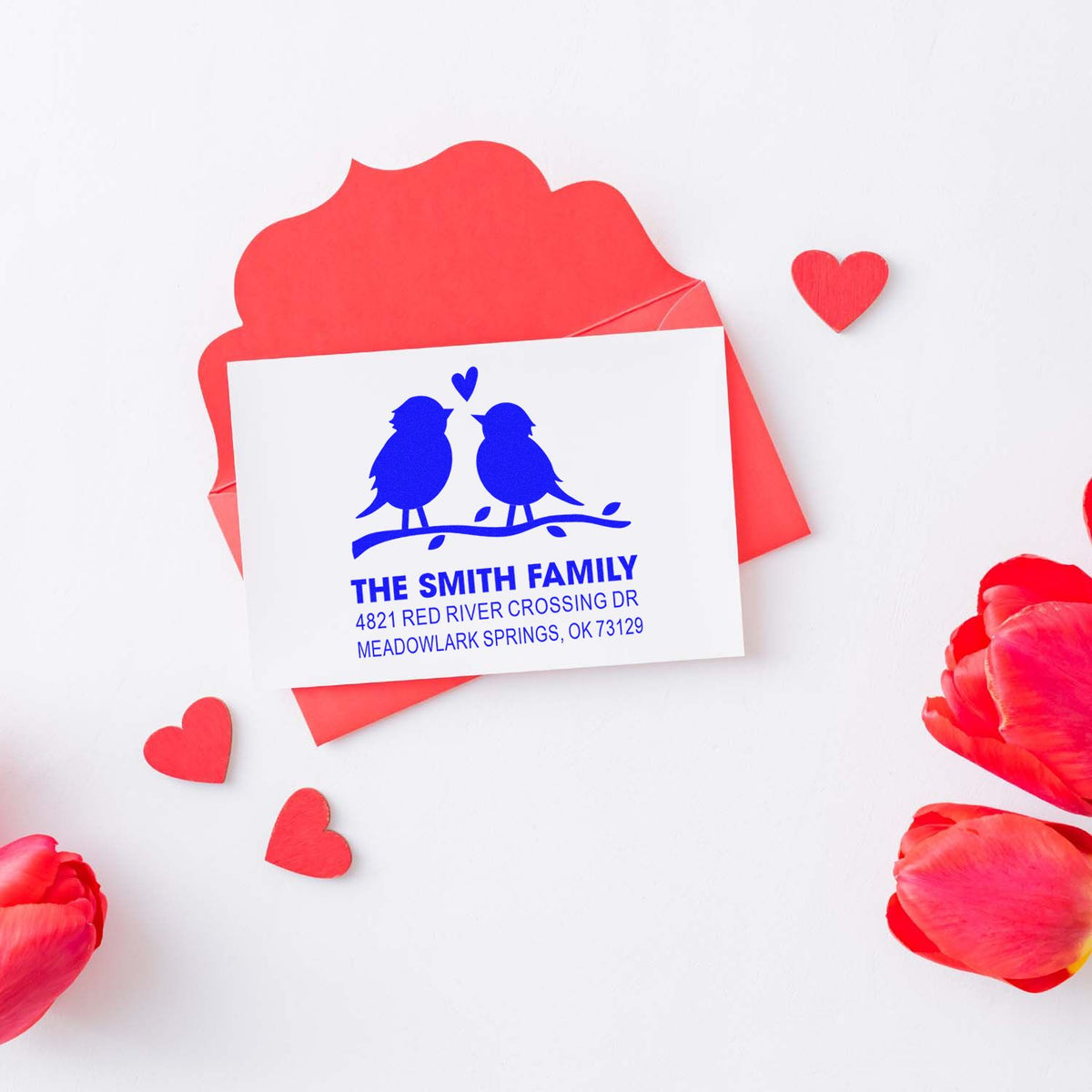 Custom return address rubber stamp with blue bird couple and heart design, personalized for The Smith Family, ideal for wedding or love stationery