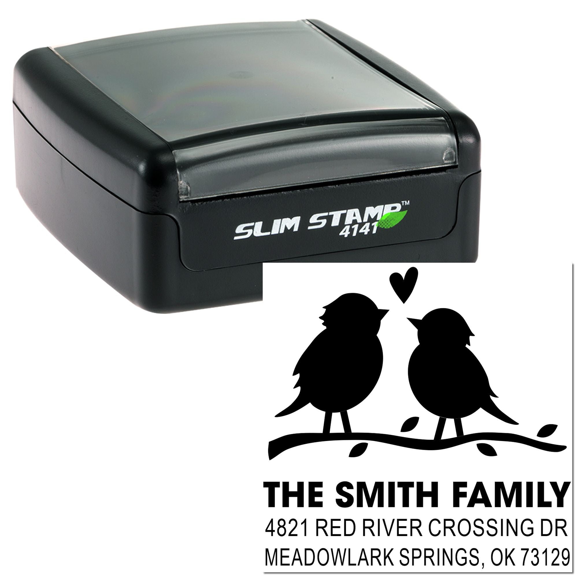 Slim Stamp 4141 self-inking rubber stamp with personalized family address, bird silhouette design, and custom return mailing details for envelopes