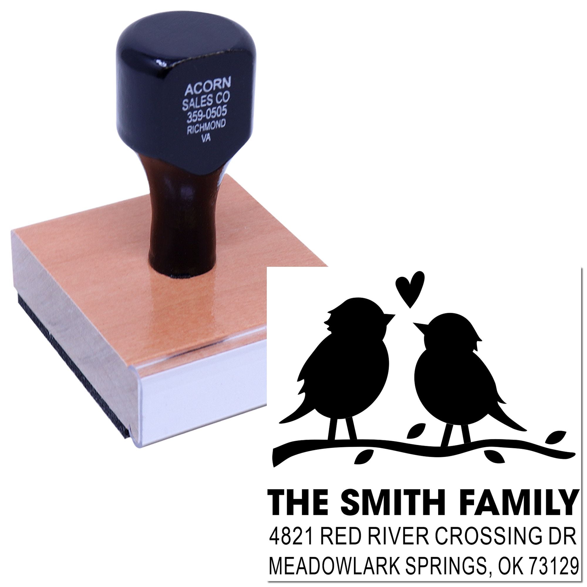 Custom family address rubber stamp with two birds and heart design, featuring The Smith Family and Meadowlark Springs, OK mailing address