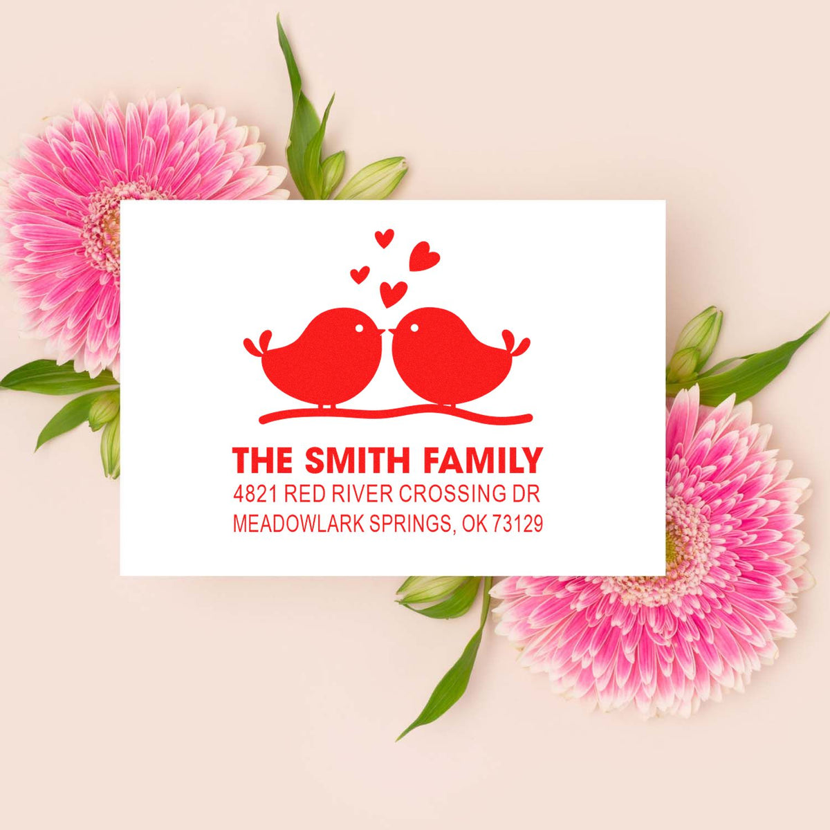 Custom family address rubber stamp with two red love birds, hearts, and personalized name and address for weddings, anniversaries, or mail.