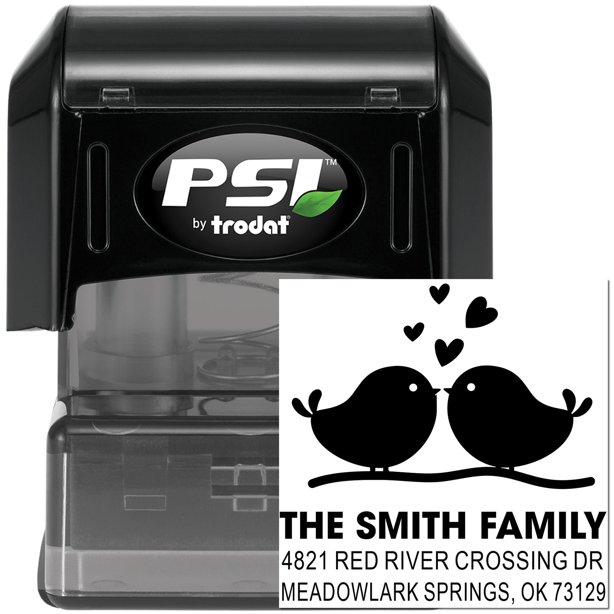 Custom self-inking rubber stamp with bird and heart design, family name and address, PSI by Trodat stamp for mailing, cards, and crafts.