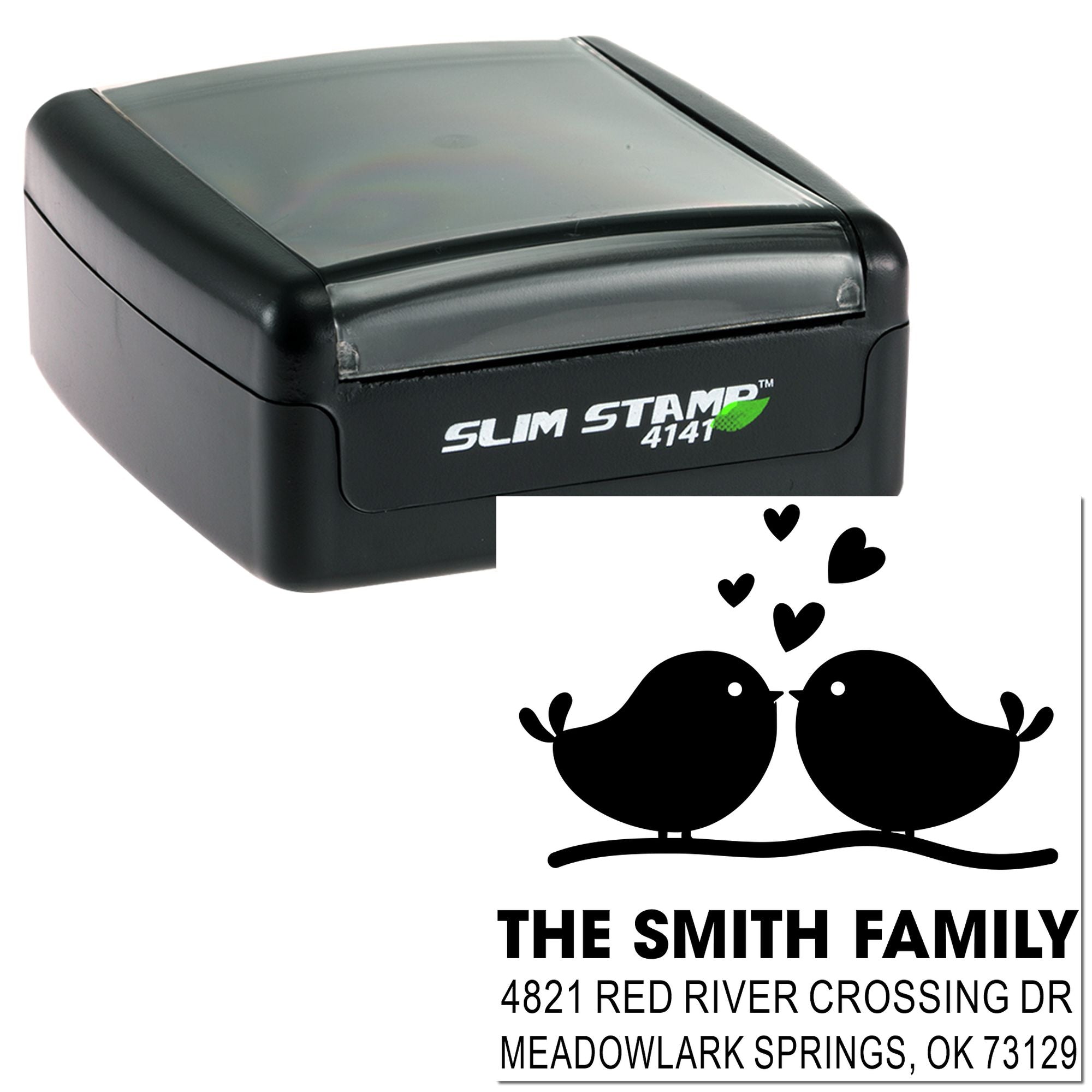 Custom self-inking rubber stamp with two love birds and hearts, personalized family name and return address for envelopes and wedding stationery