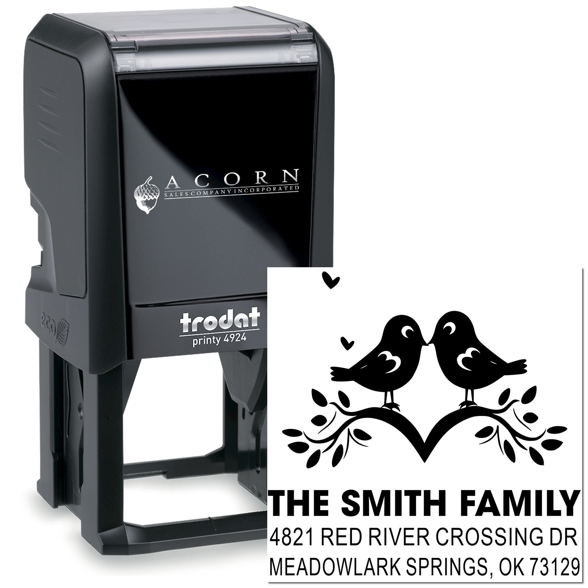 Trodat Printy 4924 self-inking rubber address stamp with bird heart design, custom family name and return address for wedding or home use