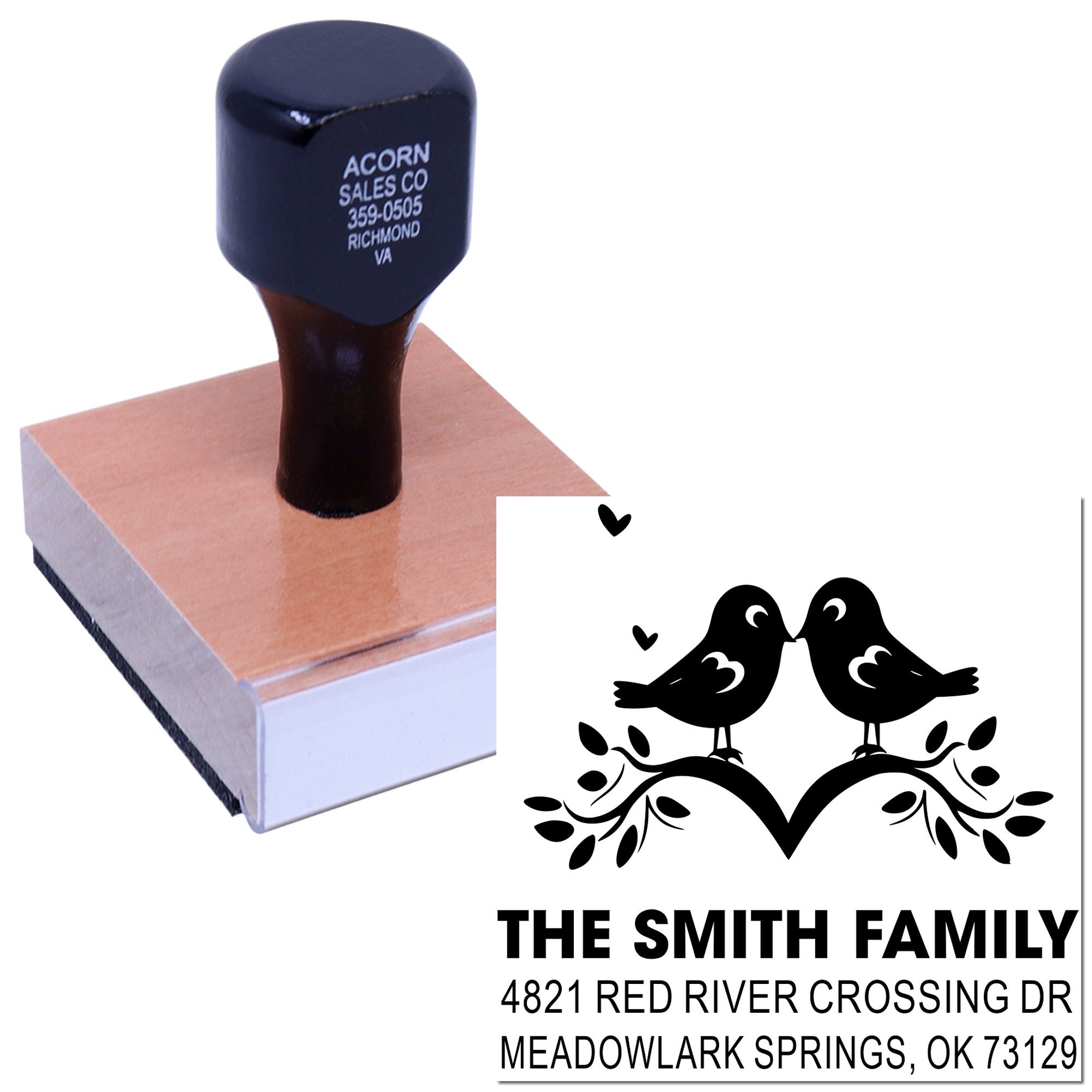 Custom rubber stamp with bird couple design and personalized family return address for wedding invitations, cards, envelopes, home and office mailing.