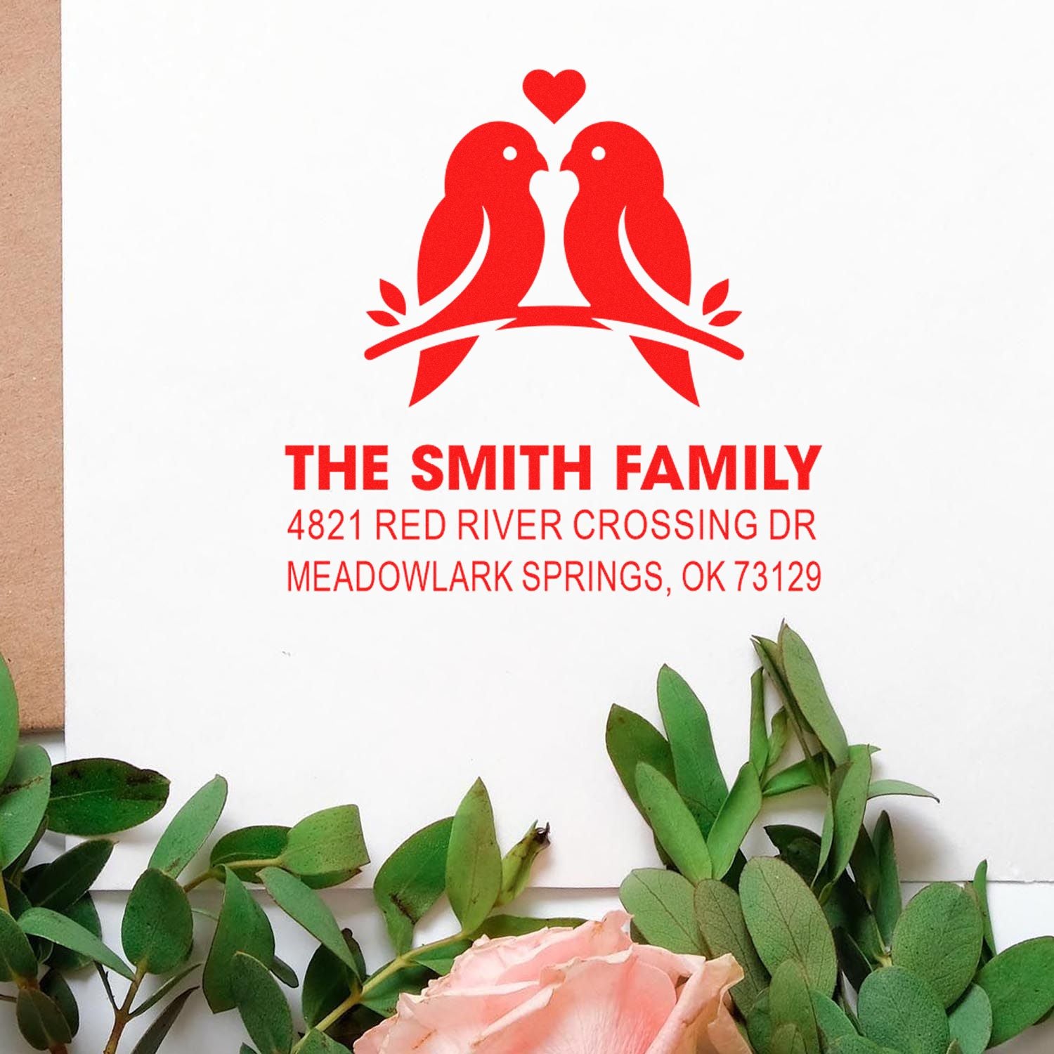 Custom rubber stamp with two lovebirds and heart design, featuring The Smith Family return address for wedding invitations, cards and envelopes.