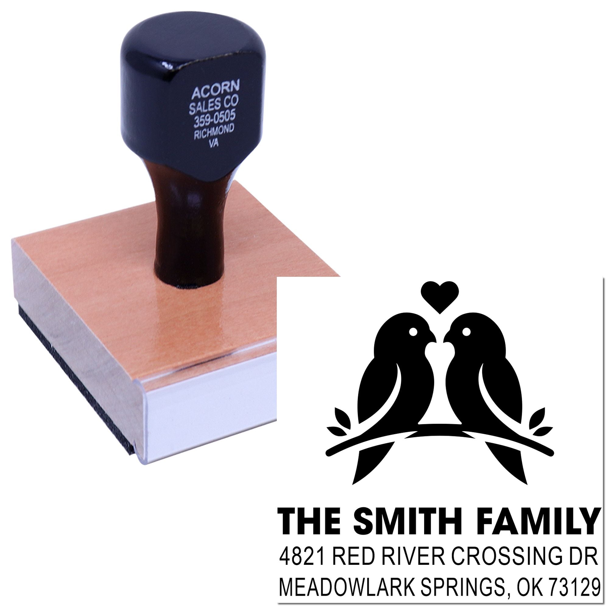 Custom rubber stamp with bird couple logo and return address, personalized family name stamp for wedding invitations, envelopes and mailings
